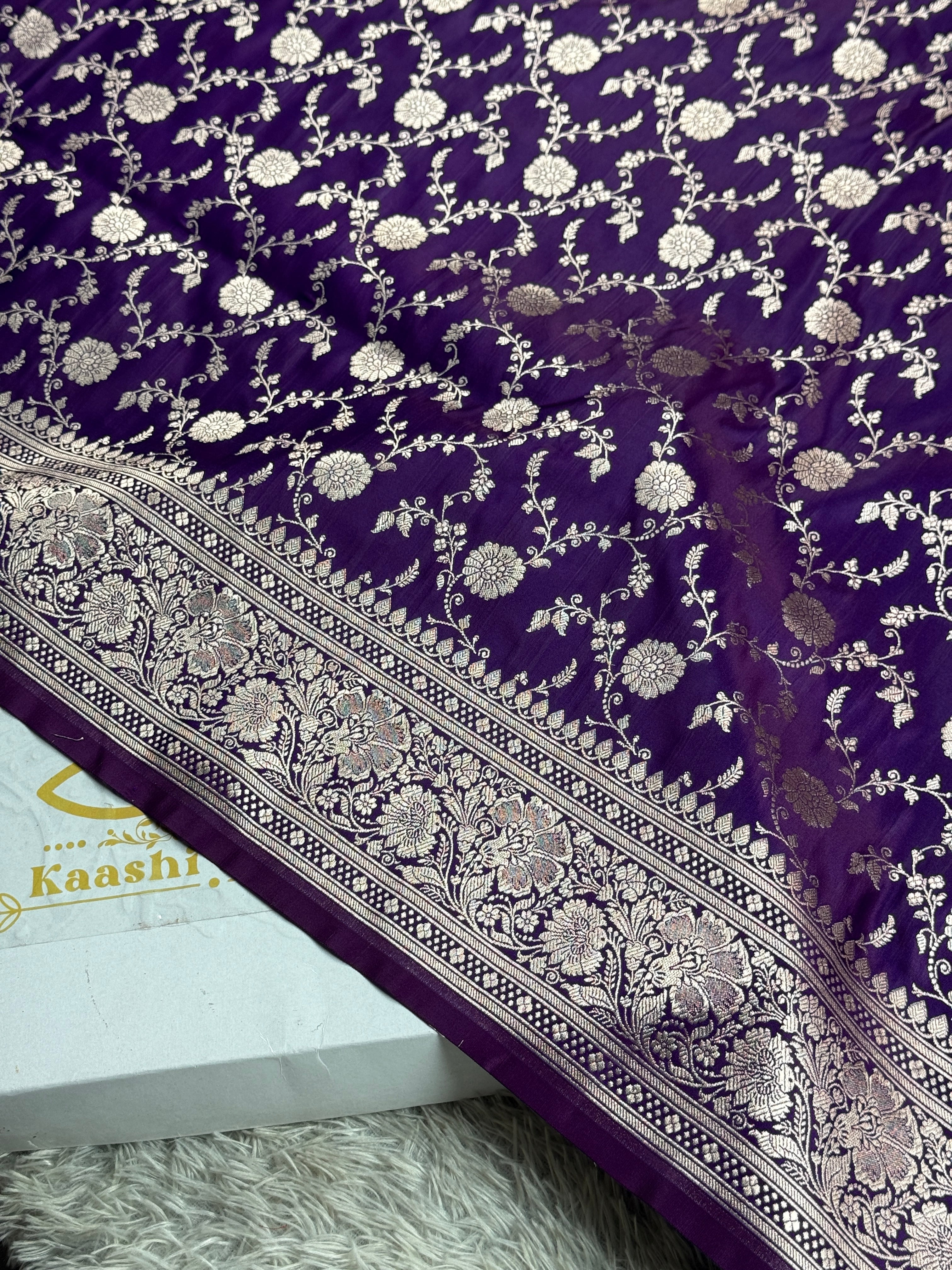 Royal Purple Jangla Woven Mashru Kataan Silk Banarasi Saree with Rich Jacquard Pallu – MKS502