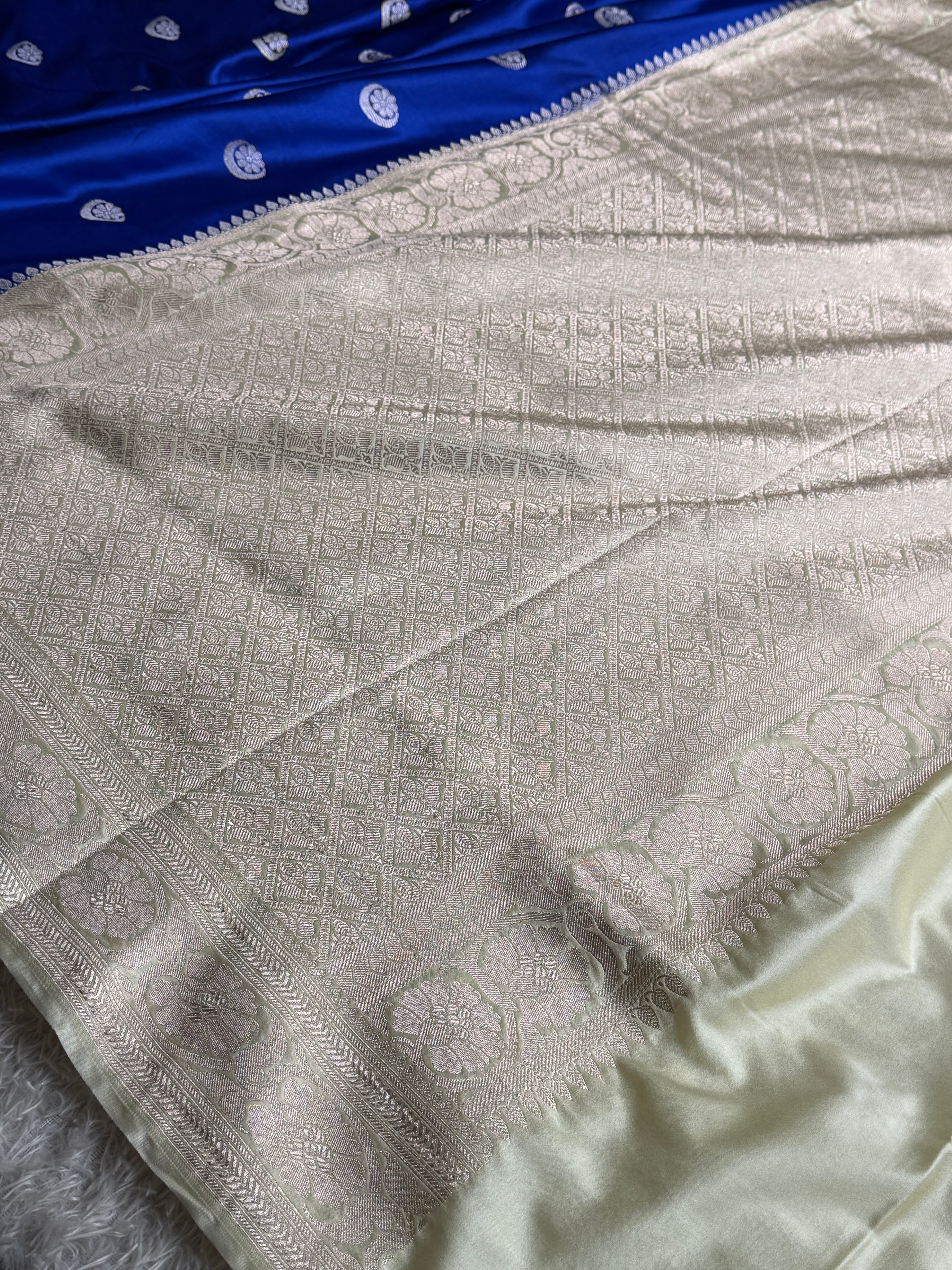 Royal Blue & Beige Mashru Kataan Silk Saree with Chand Taara Zari Buta | Banarasi Saree | MKS785
