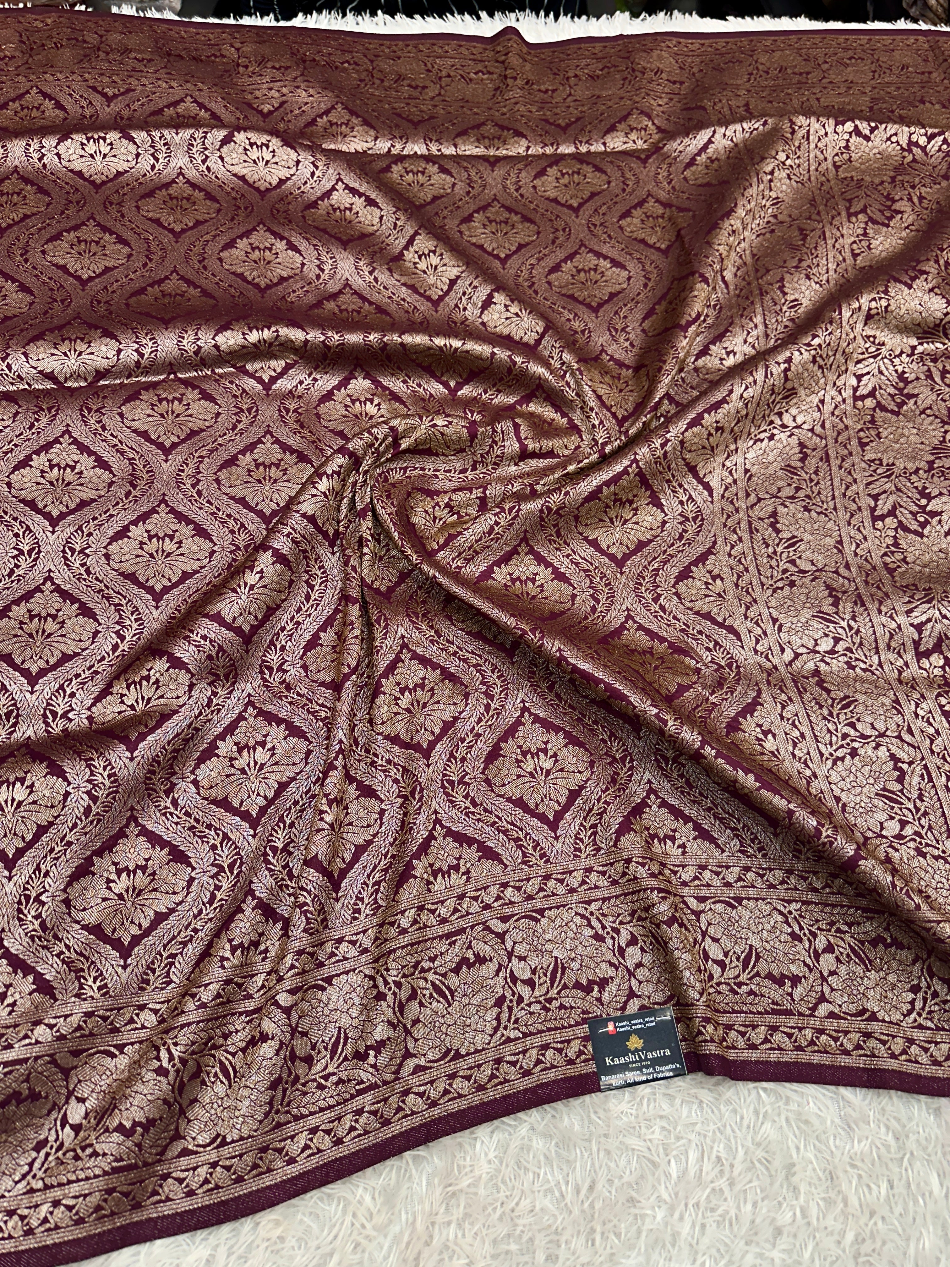 Wine Banarasi Dupion Silk Saree with Embossed Antique Zari Weaving & Rich Antique Zari Pallu | STF65