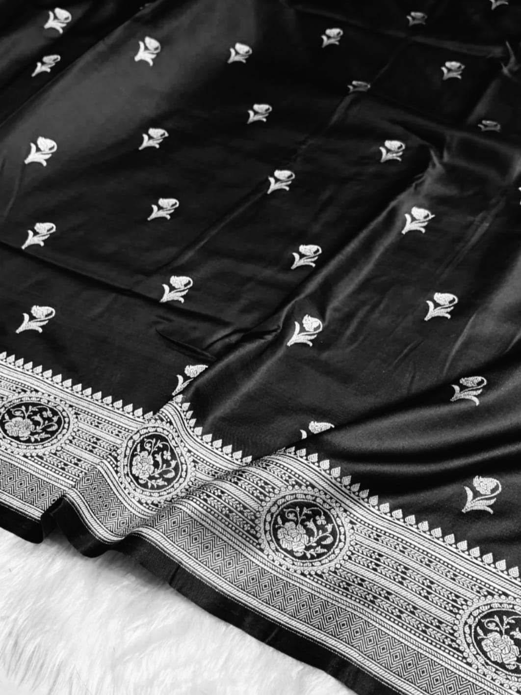 MKS305 Banarasi Mashru Silk Saree with Buta Pattern – Black, Red, Green, Yellow & Orange