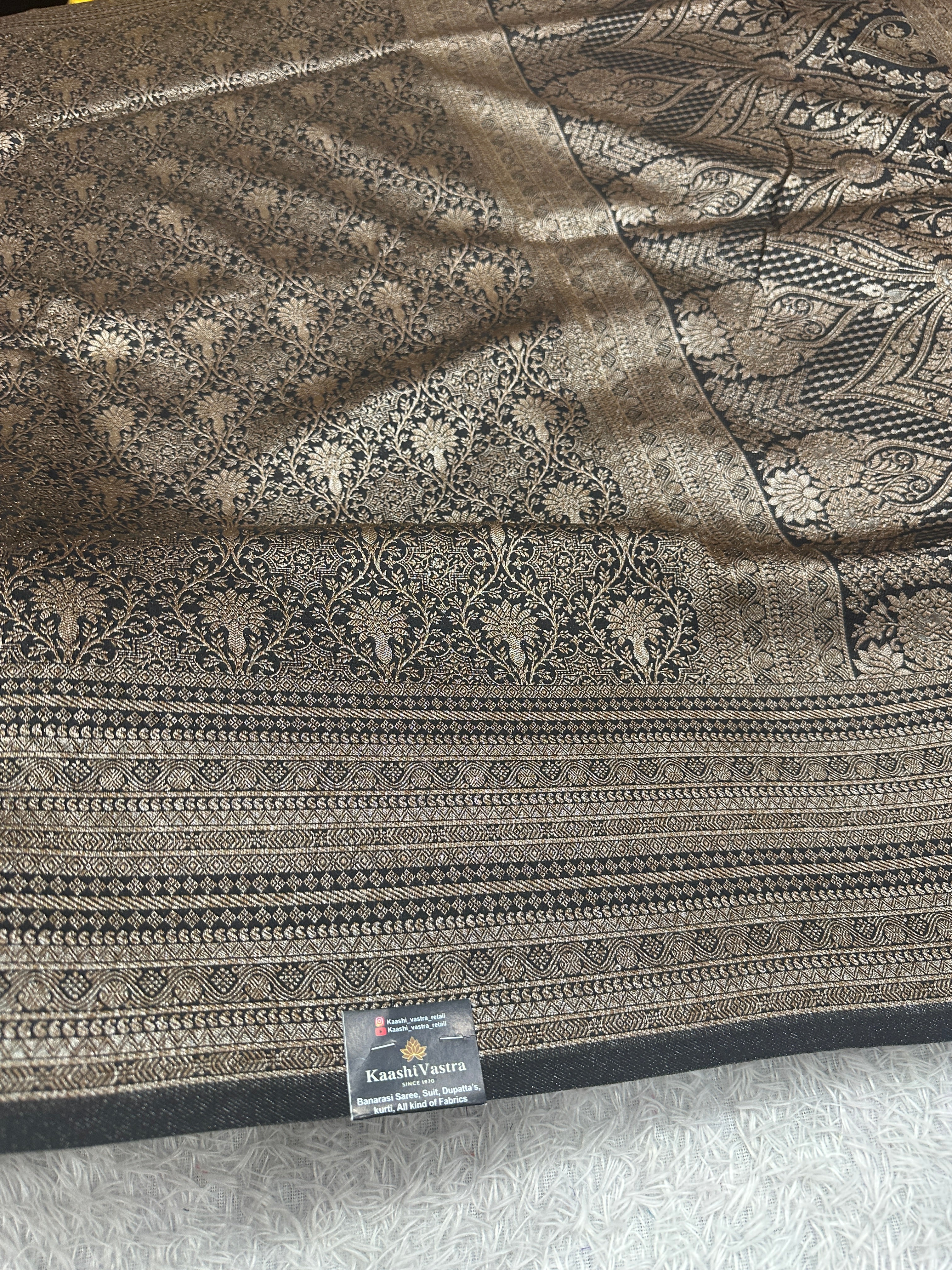 Black Banarasi Dupion Silk Saree with Embossed Antique Zari Weaving & Rich Antique Zari Pallu | STF79