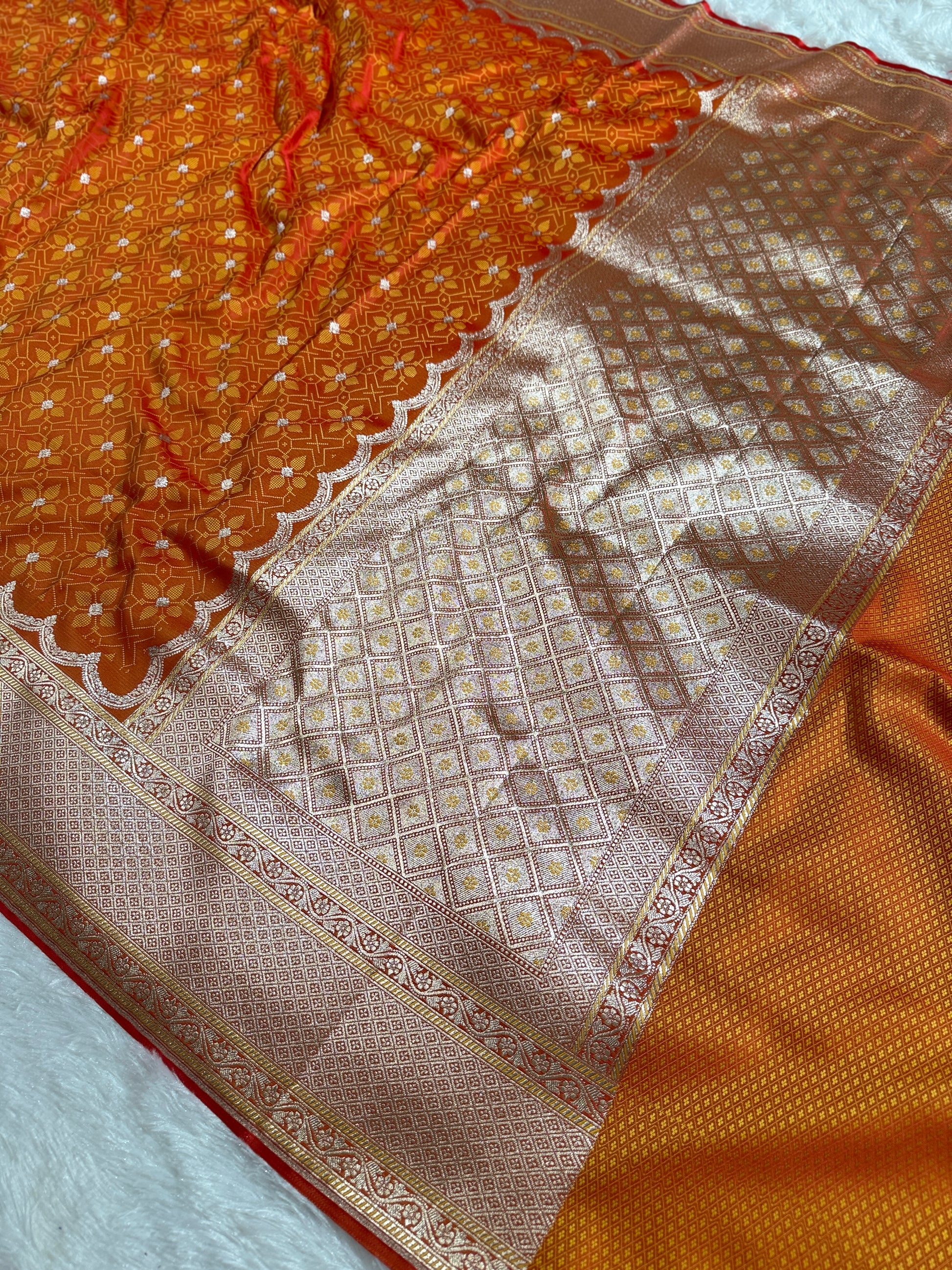 Pinkish Yellow Banarasi Mashru Silk Saree with Tanchoi Meena Woven Pattern & Fancy Jacquard Border MKS106