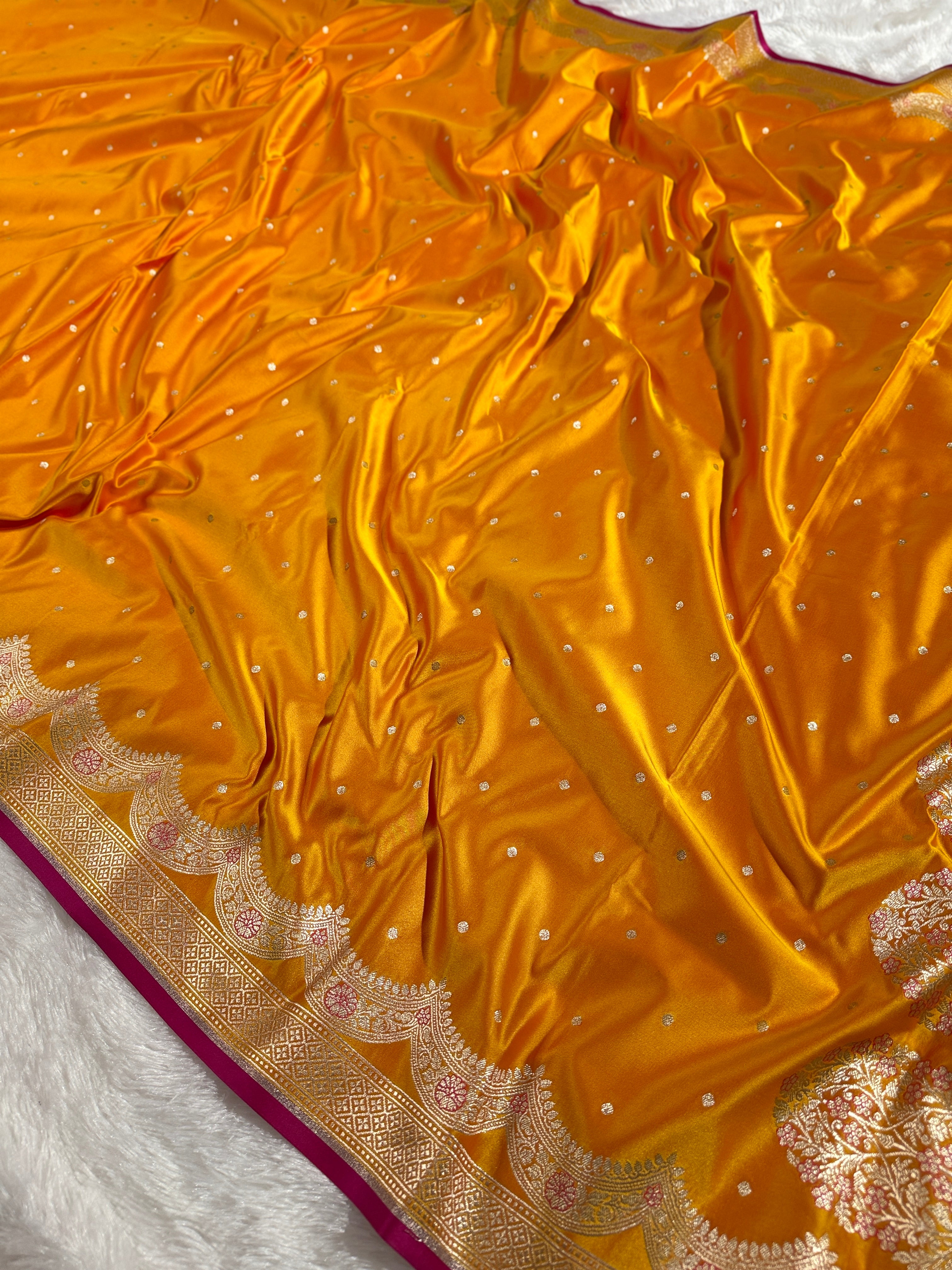 Yellow Banarasi Mashru Silk Saree with Dot Buti Weaving & Fancy Jacquard Border MKS104