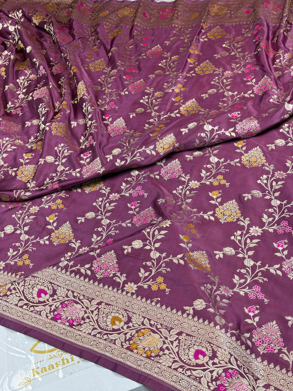 Gajri Banarasi Mashru Kataan Silk Saree with All-Over Jaal Meena Weaving & Rupa-Sona Zari MKS146