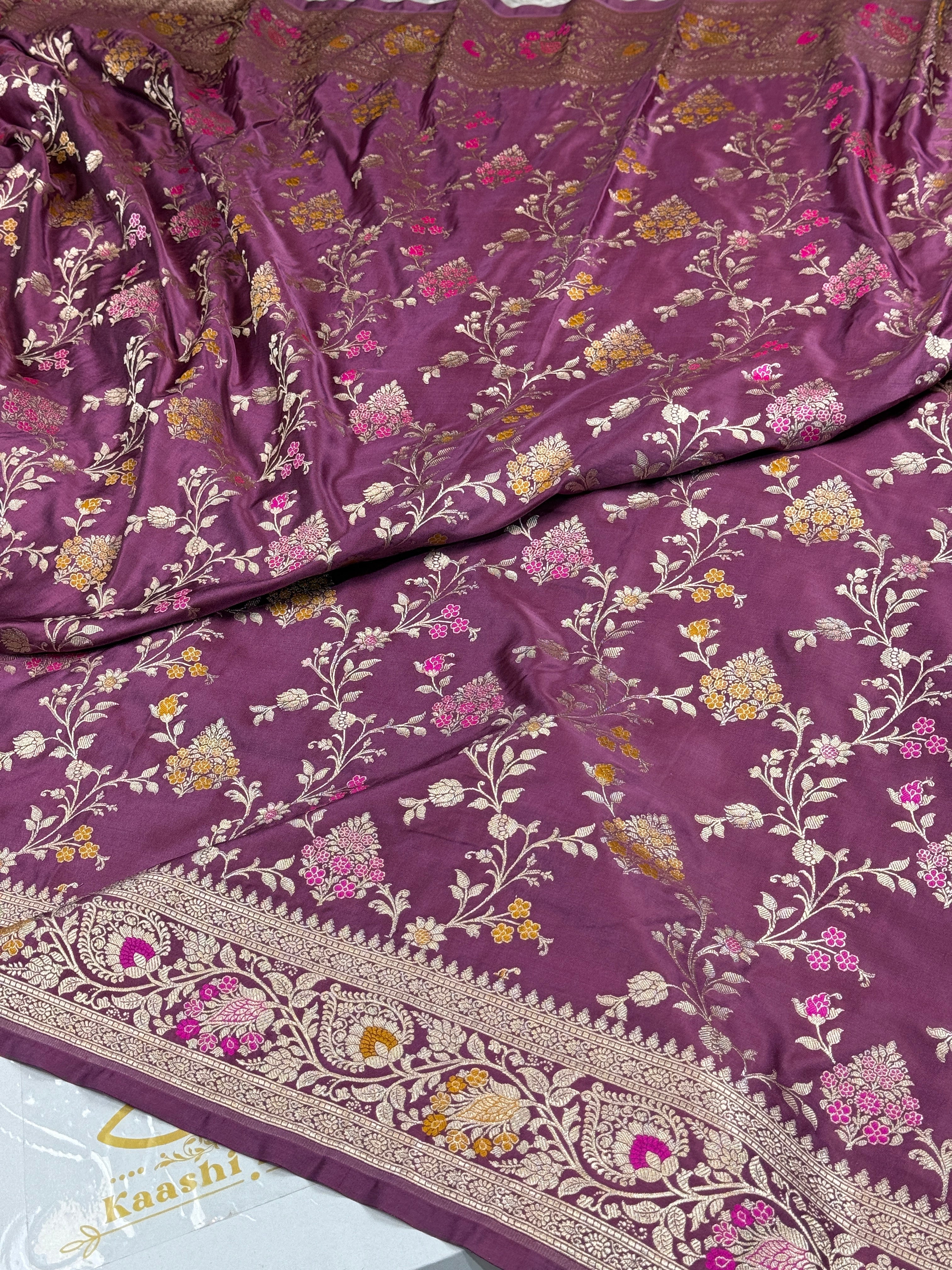 Gajri Banarasi Mashru Kataan Silk Saree with All-Over Jaal Meena Weaving & Rupa-Sona Zari MKS146