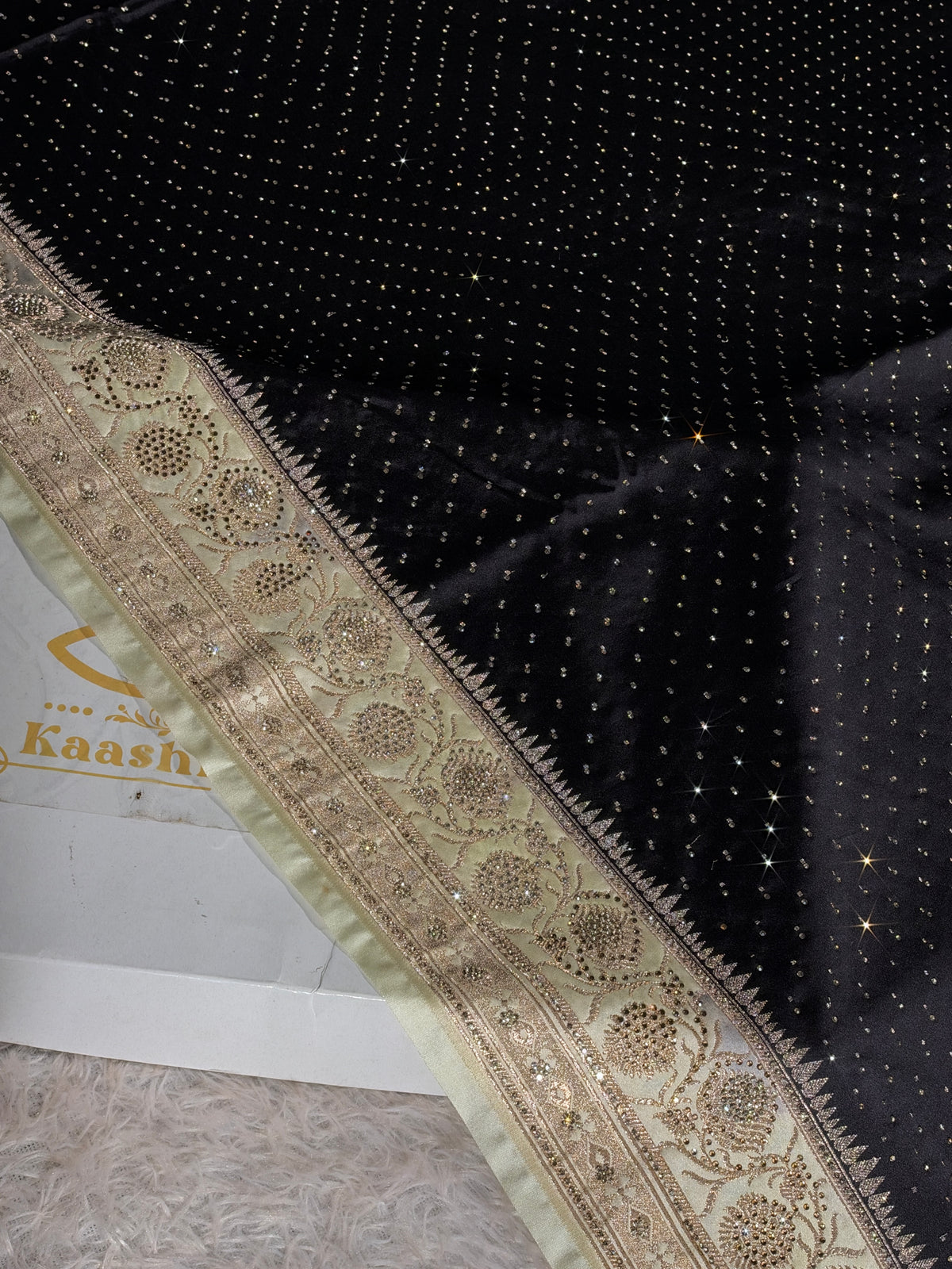MKS839 Black & Beige Mashru Kataan Silk Saree with All-Over Swarovski Work & Rich Zari Pallu