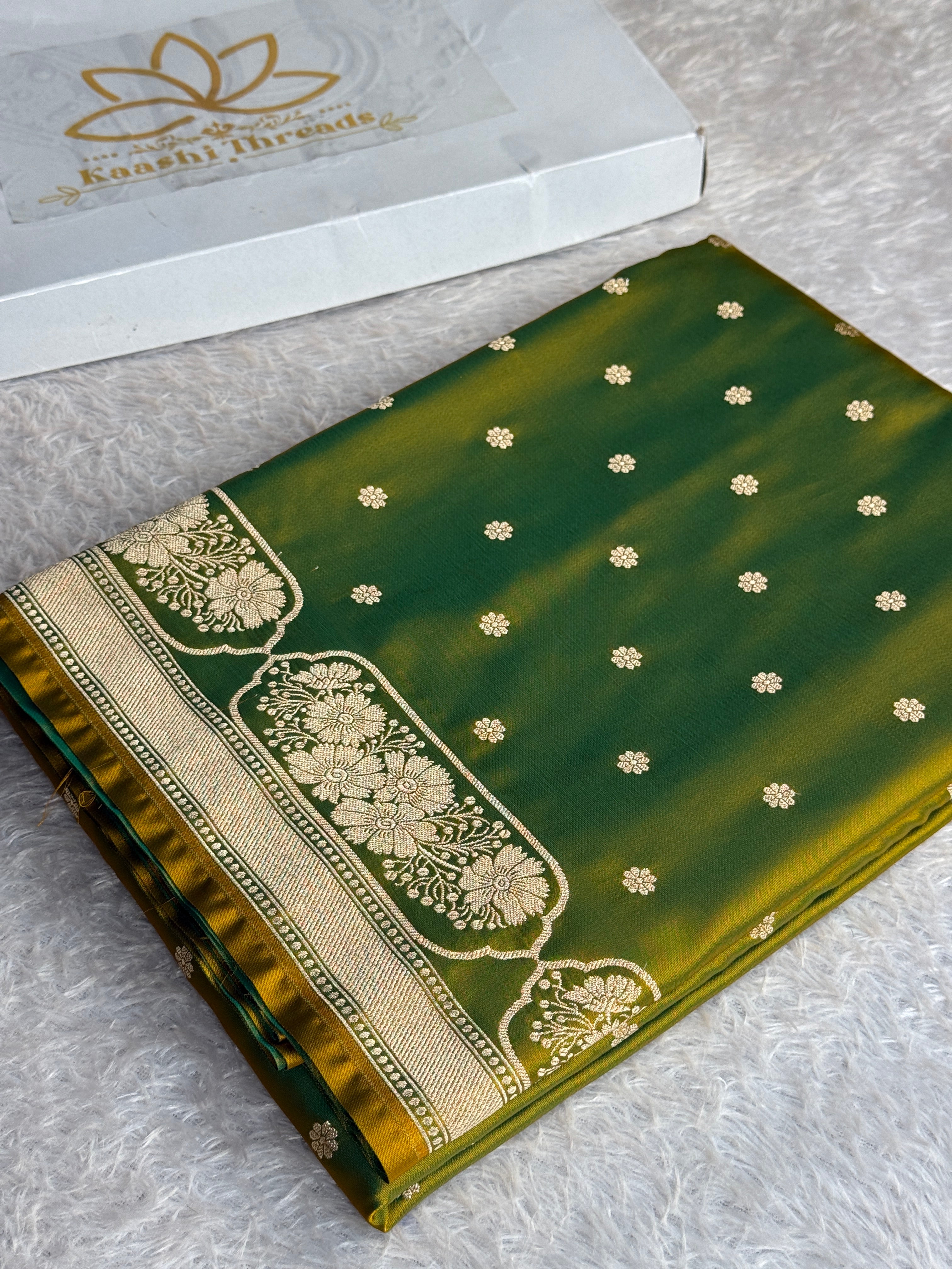 Green Yellow Mashru Kataan Silk Banarasi Saree with Zari Buta Design | MKS741 | Kaashi Threads