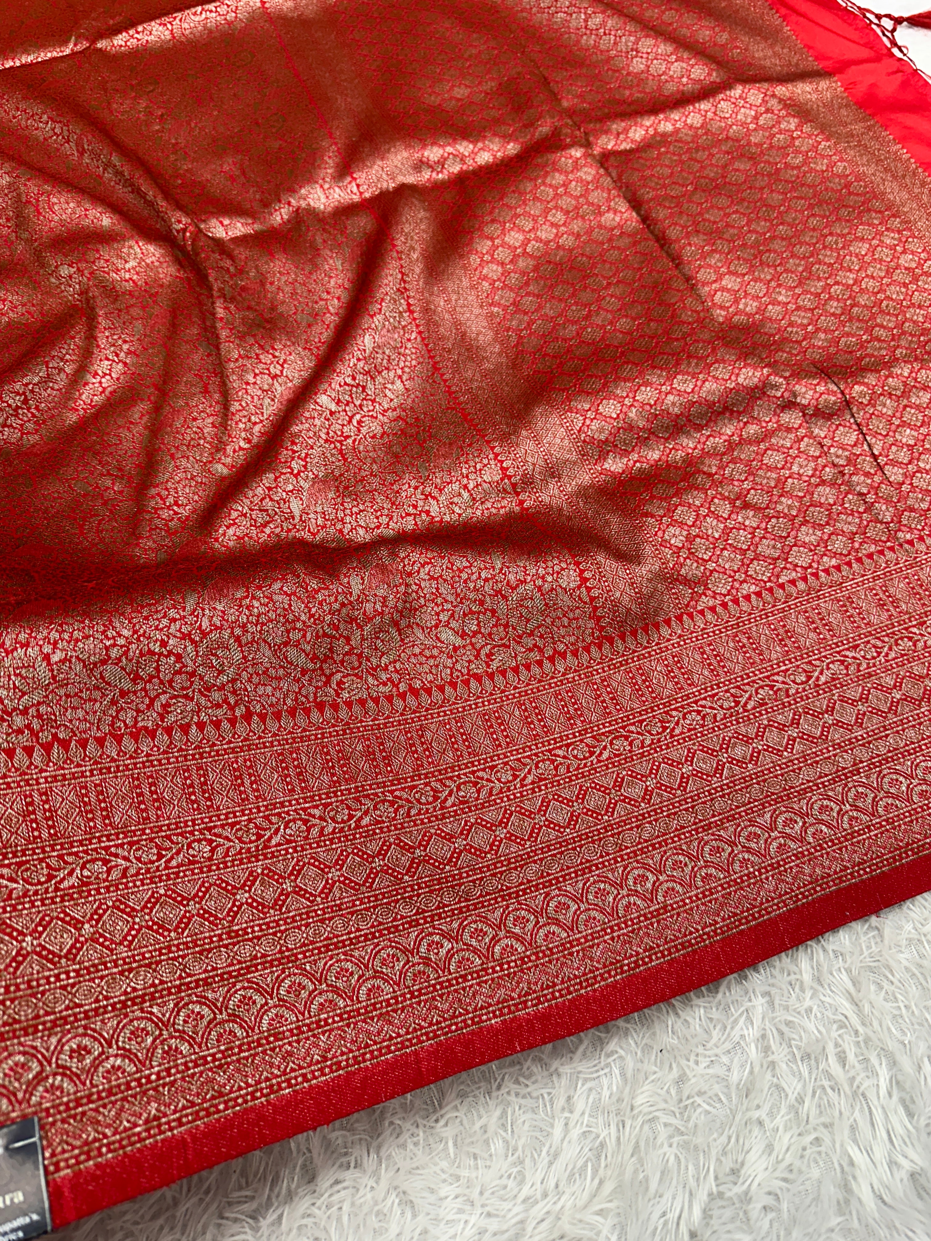 Red  Banarasi Dupion Silk Saree with Embossed Antique Zari Weaving & Rich Antique Zari Pallu | STF91
