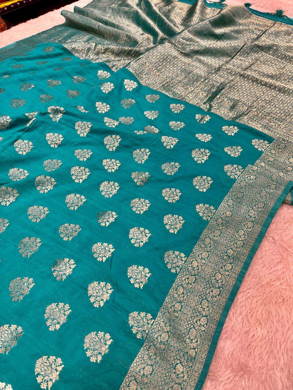Raw Silk Zari Buta Light Blue color  Saree RS002