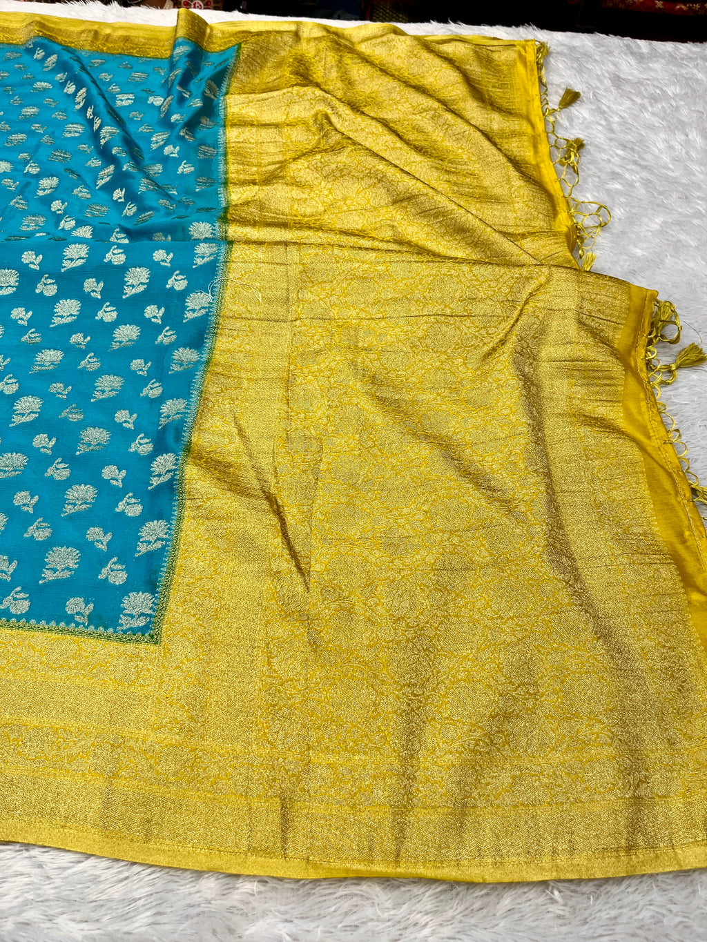 Chinon Silk Big small Buta  Design Sea blue Color Saree CN06