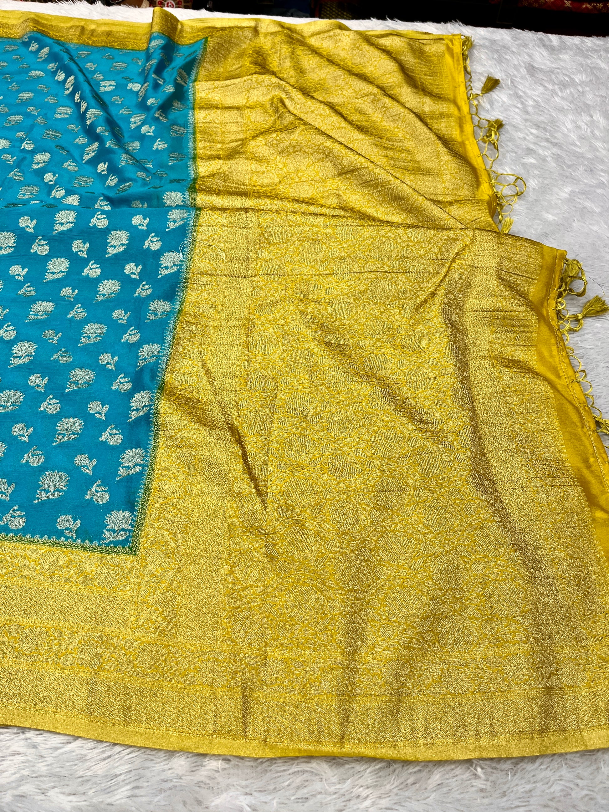 Chinon Silk Big small Buta  Design Sea blue Color Saree CN06