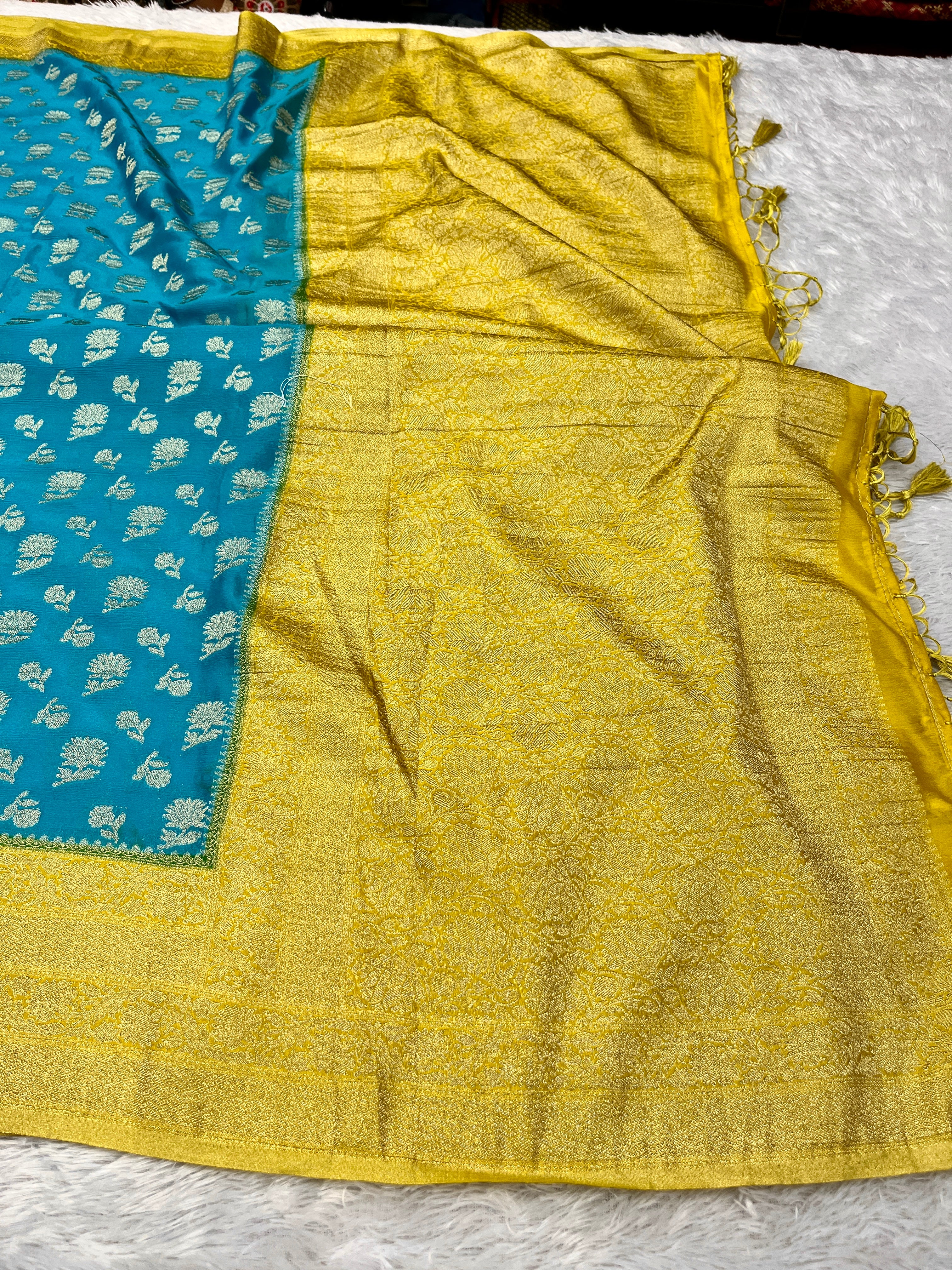 Chinon Silk Big small Buta  Design Sea blue Color Saree CN06
