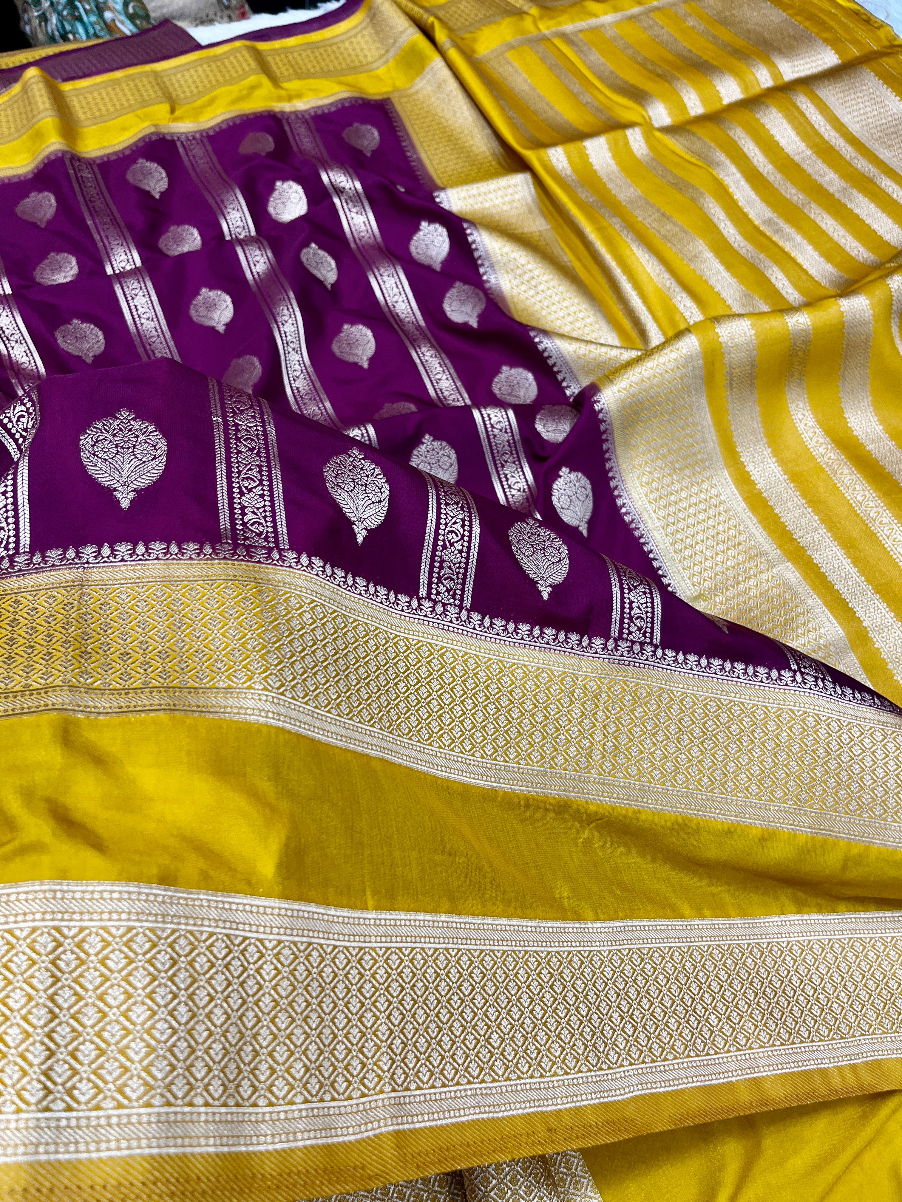 Chinon Silk Horizontal Buta Design Wine with Yellow  Saree CN09