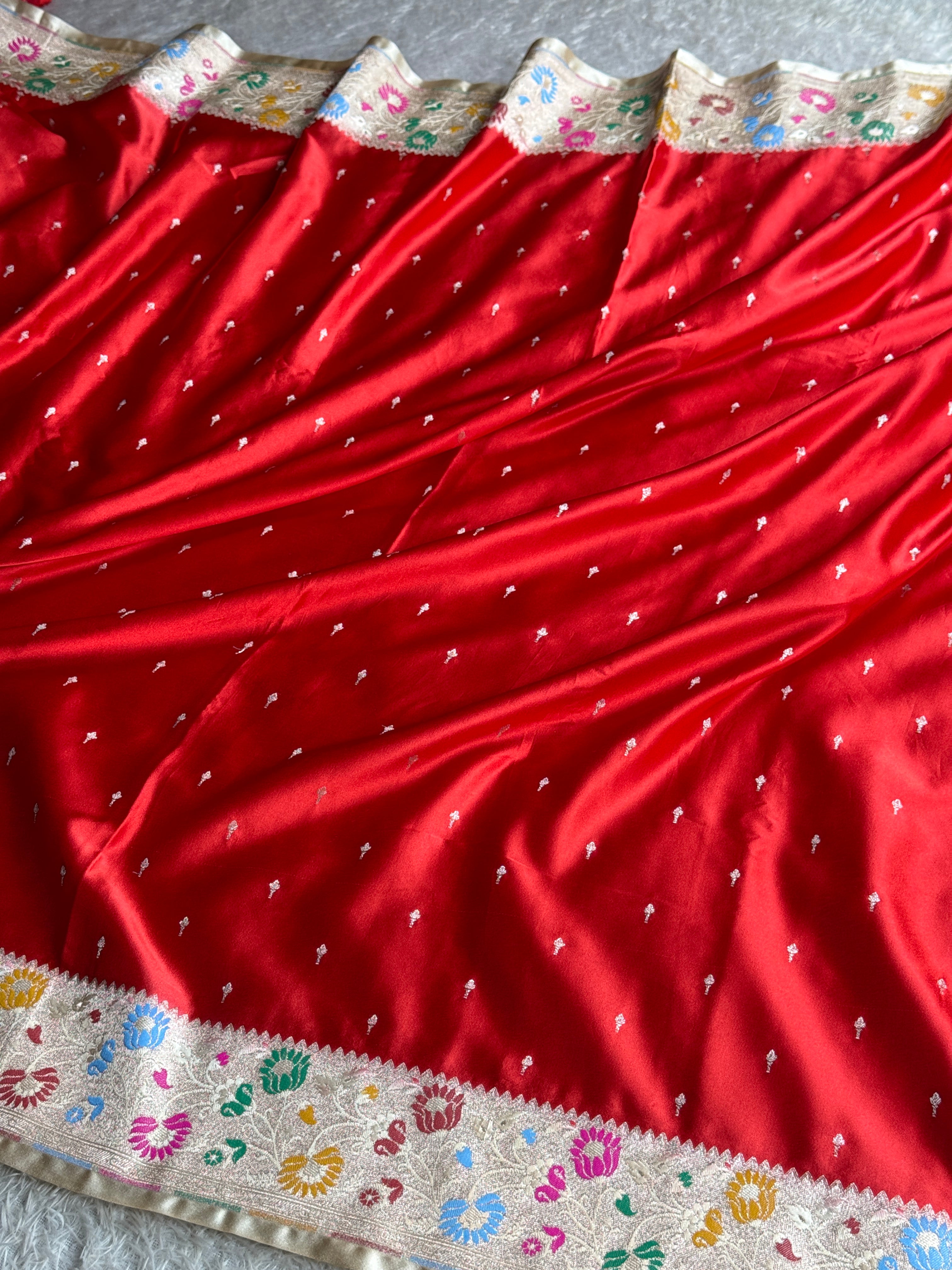 Red Cream Contrast Paithani Mashru Kataan Silk Saree – MKS654