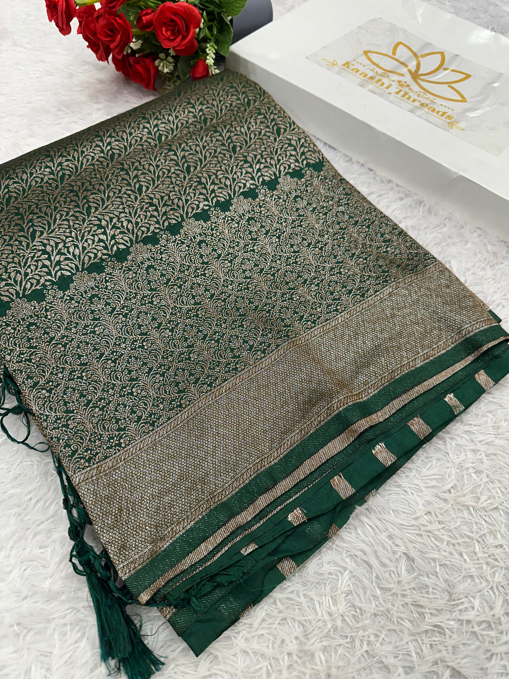 Bottle Green Banarasi Dupion Silk Saree with Embossed Antique Zari Weaving & Rich Antique Zari Pallu | STF98