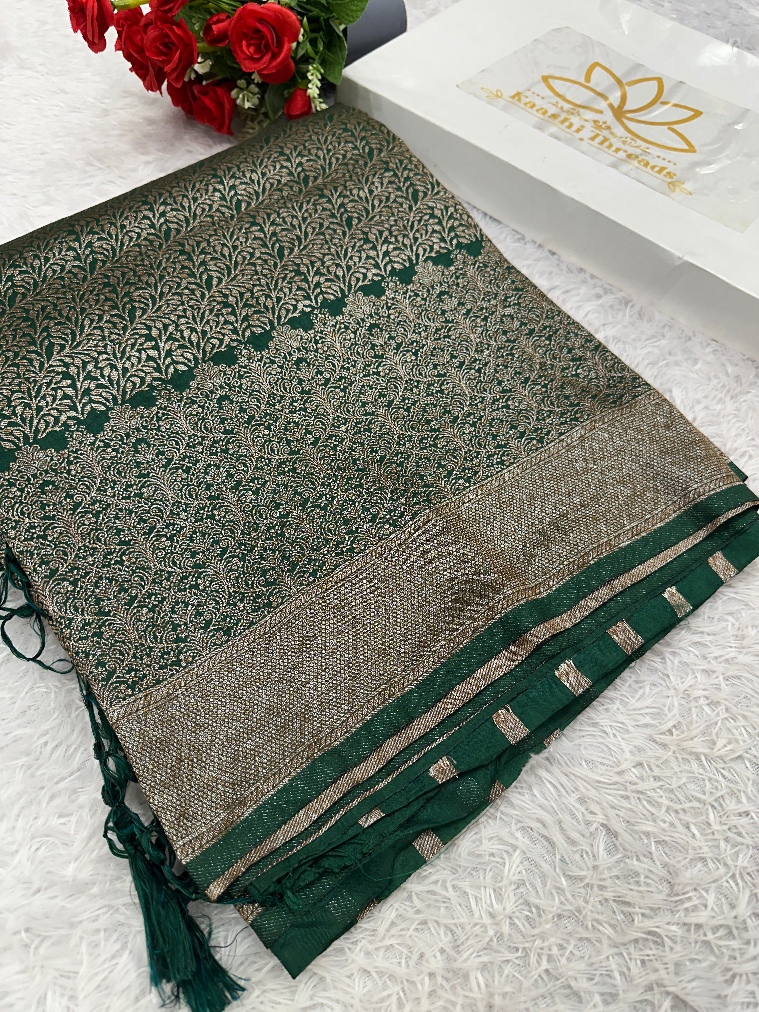 Bottle Green Banarasi Dupion Silk Saree with Embossed Antique Zari Weaving & Rich Antique Zari Pallu | STF98