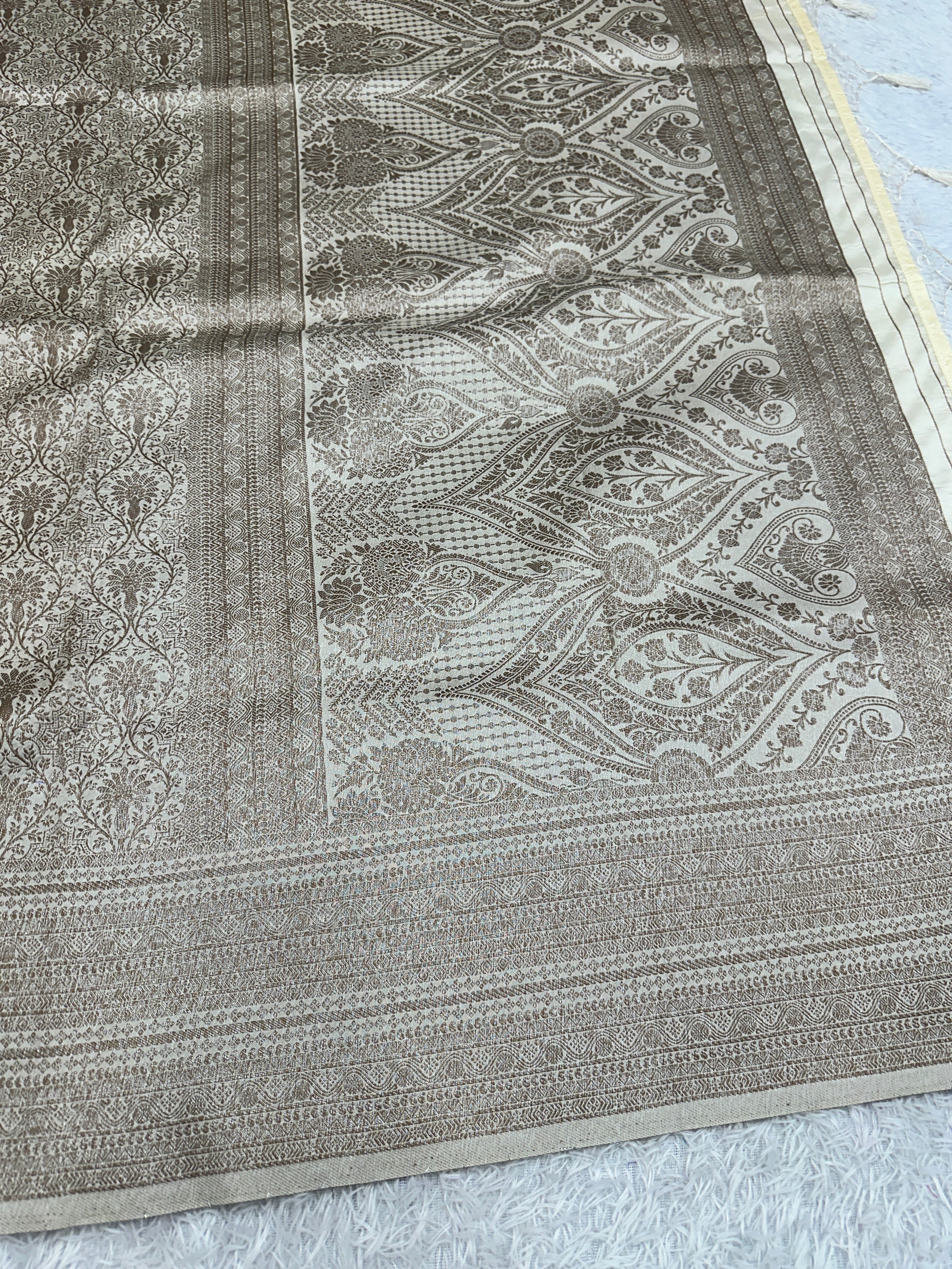 Cream Banarasi Dupion Silk Saree with Embossed Antique Zari Weaving & Rich Antique Zari Pallu | STF80