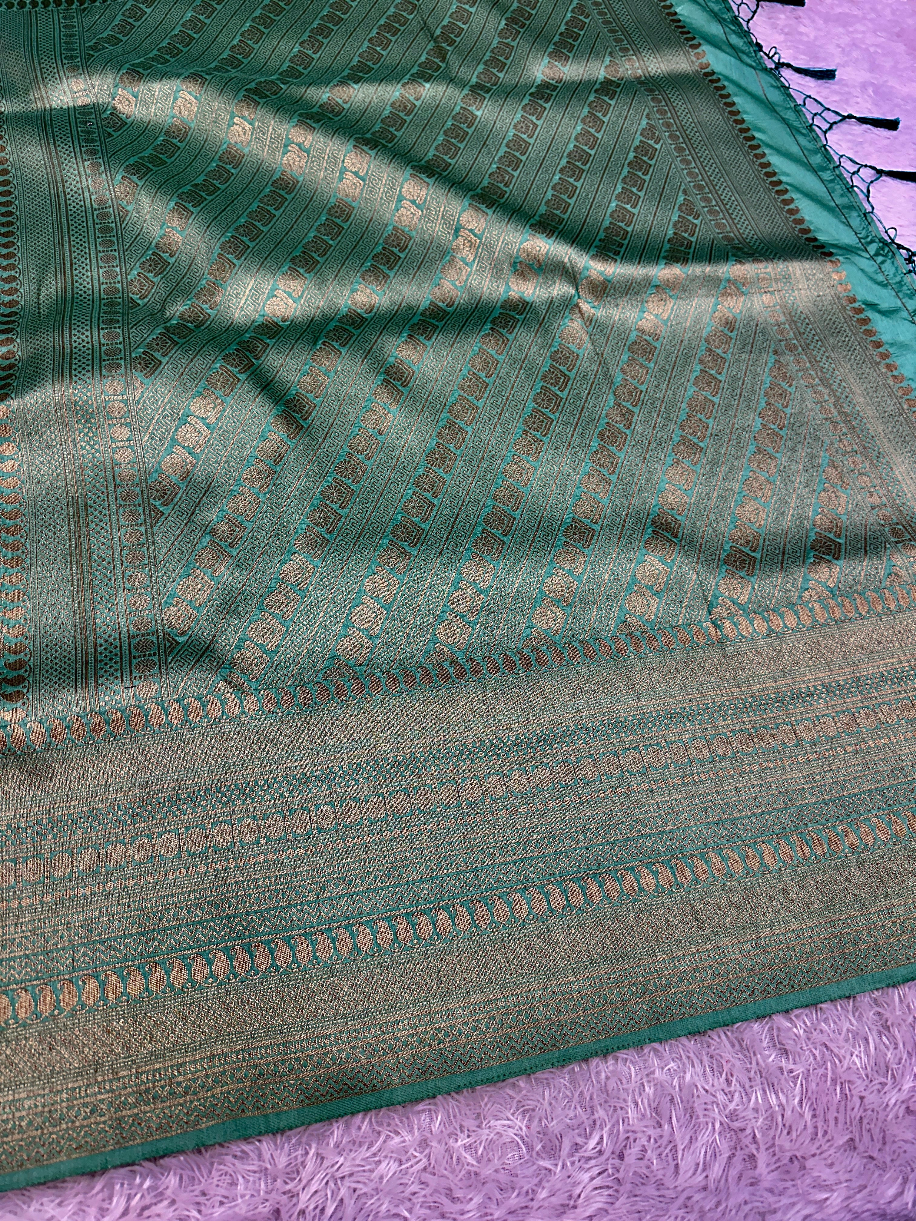 Sea Green Banarasi Dupion Silk Saree with Embossed Antique Zari Weaving & Rich Antique Zari Pallu | STF60