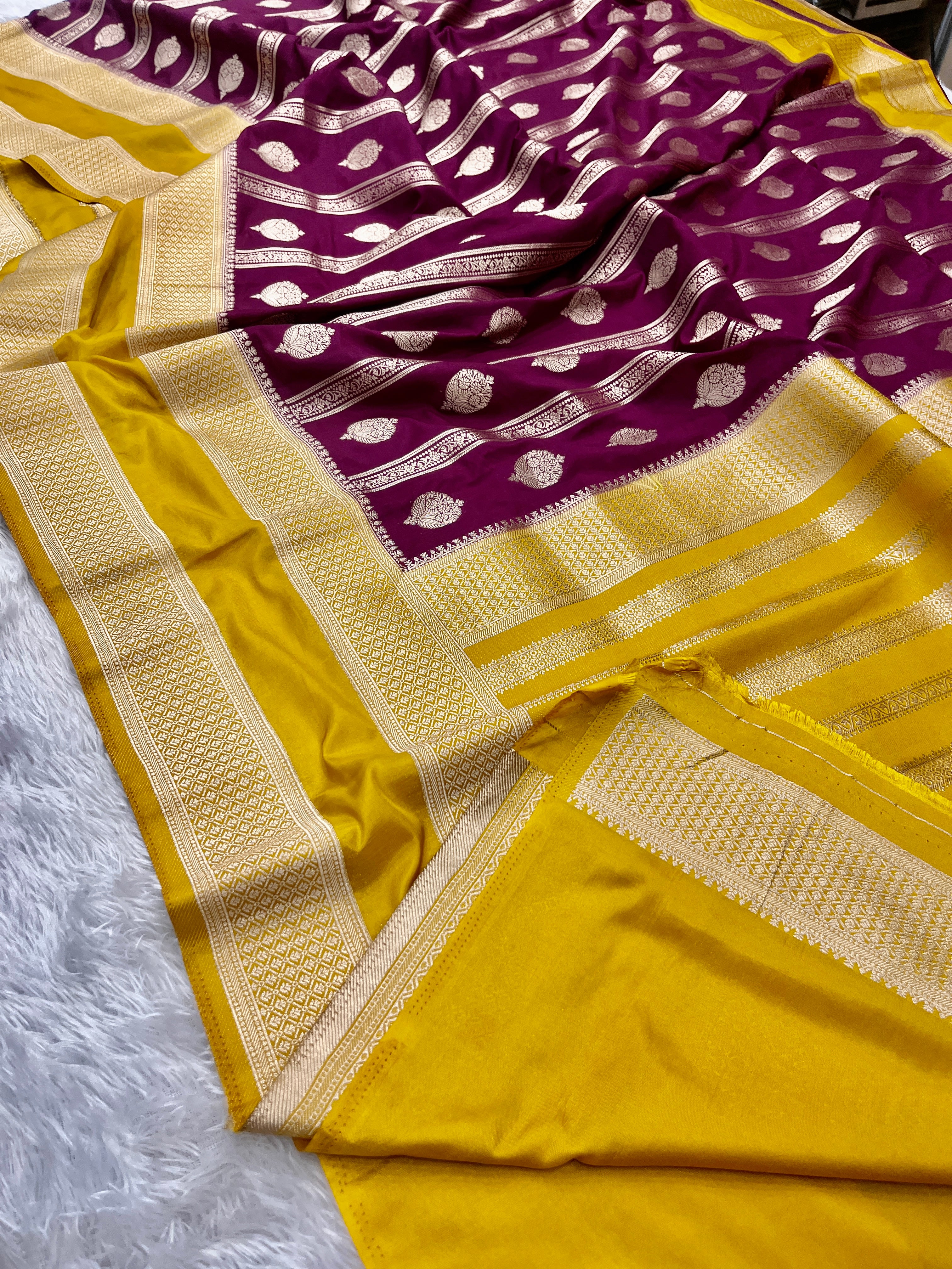 Chinon Silk Horizontal Buta Design Wine with Yellow  Saree CN09