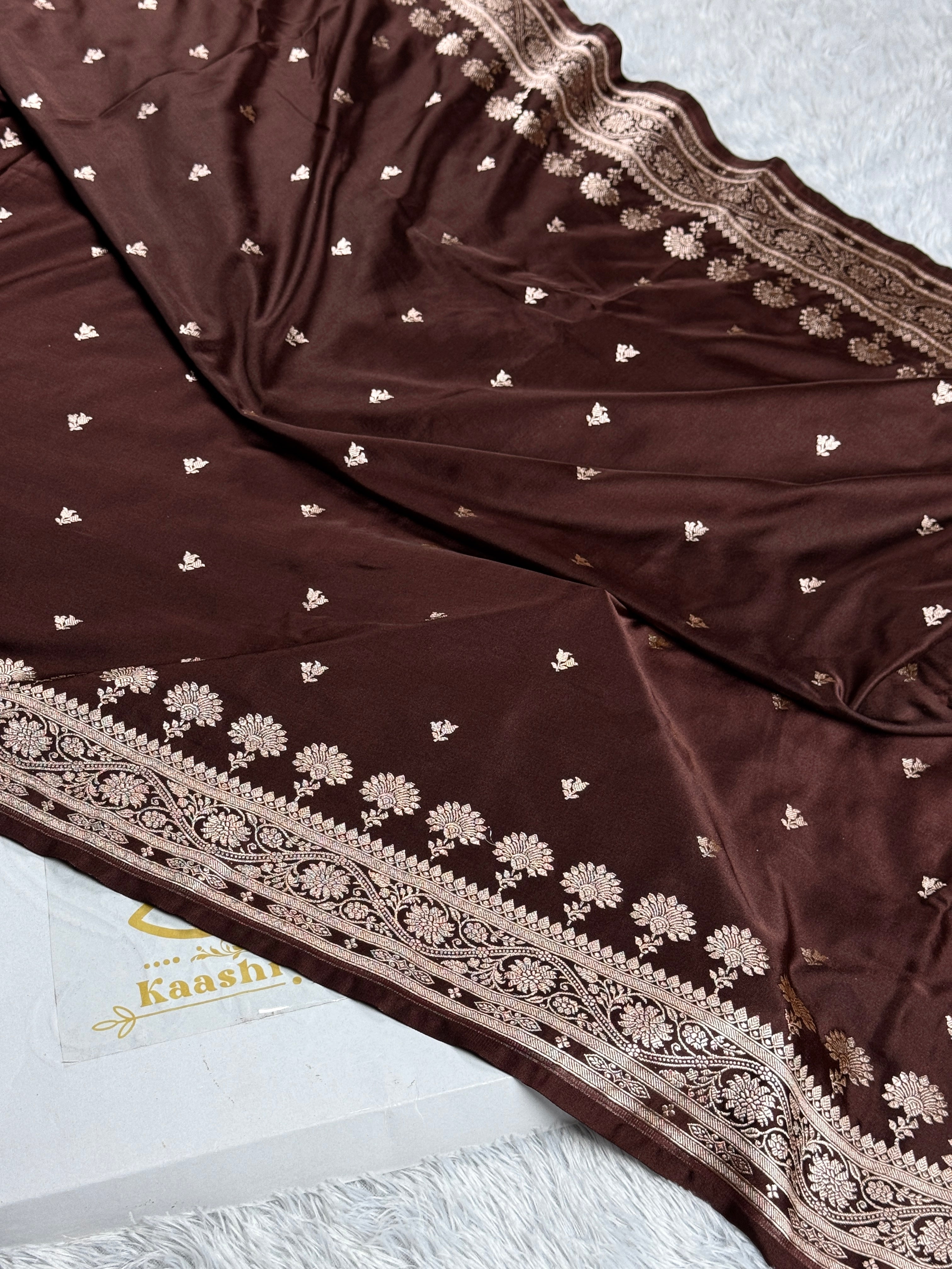 Coffee Brown Mashru Kataan Silk Saree with Zari Buti Weaving & Rich Zari Pallu – MKS507