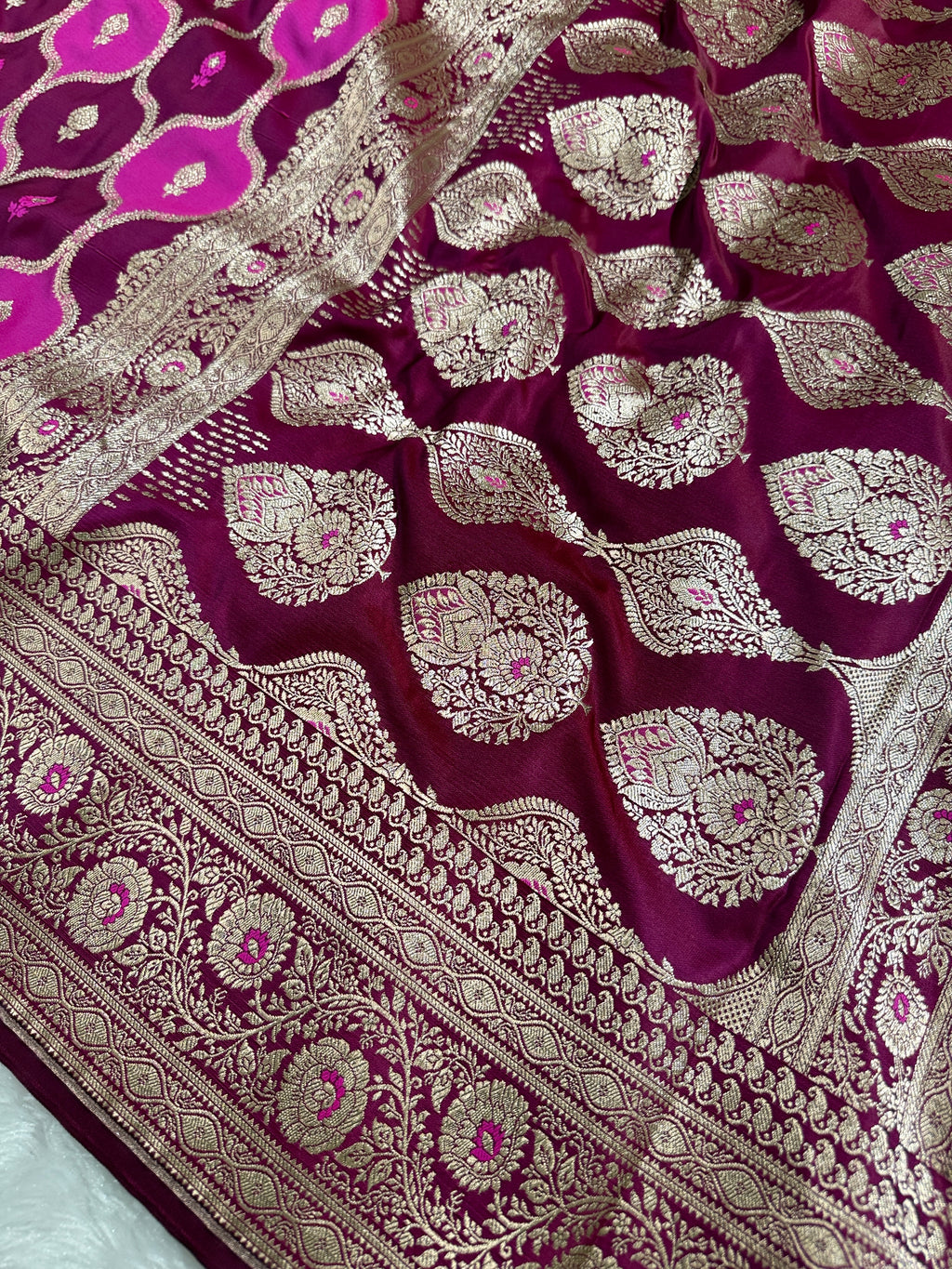 Rani and Wine Rangkaat Banarasi Mashru Silk Saree with Jacquard Woven Jaal Pattern MKS033