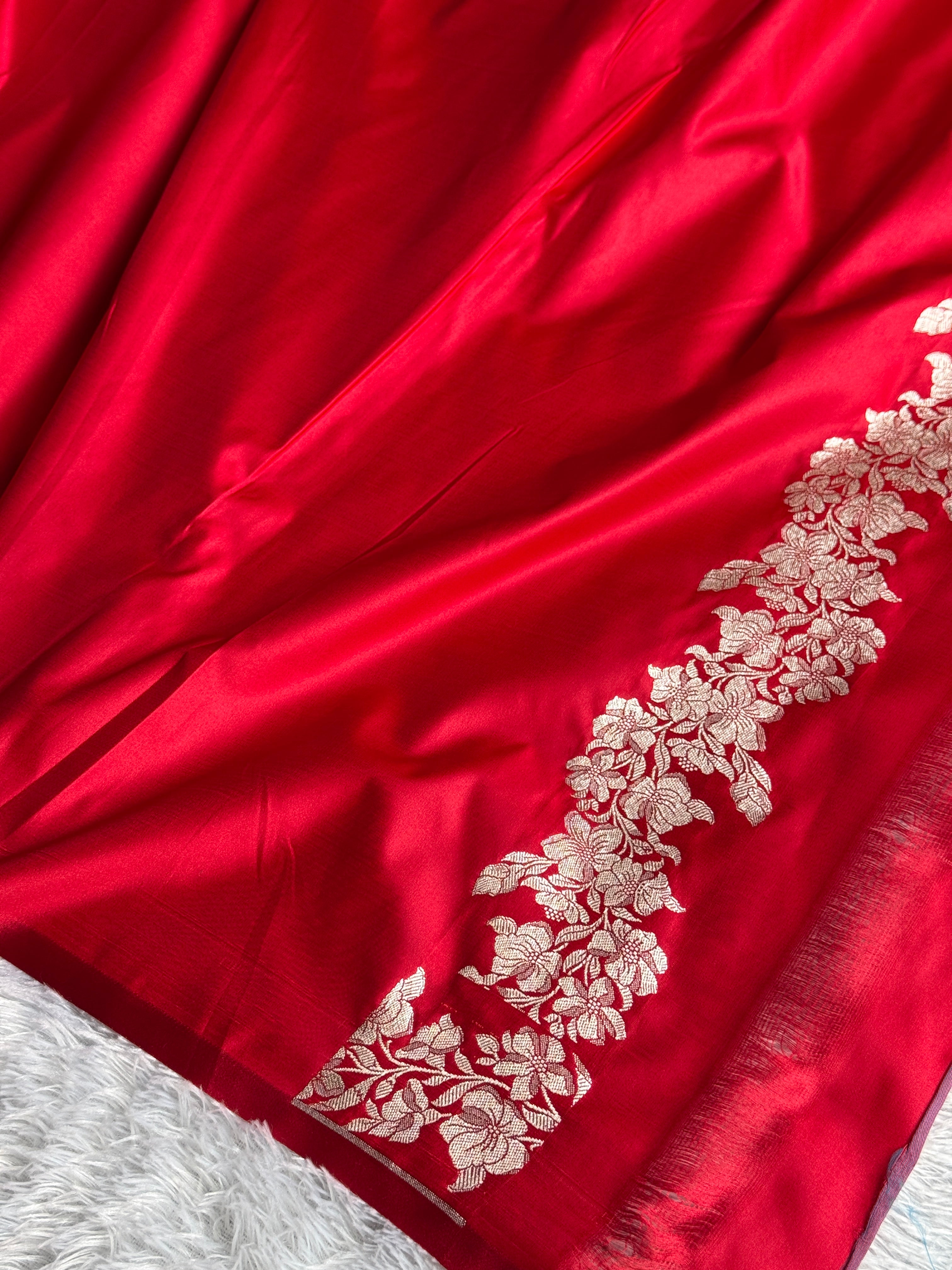 Red Mashru Kataan Silk Banarasi Saree with Buta Woven Design | Kaashi Threads (MKS522)