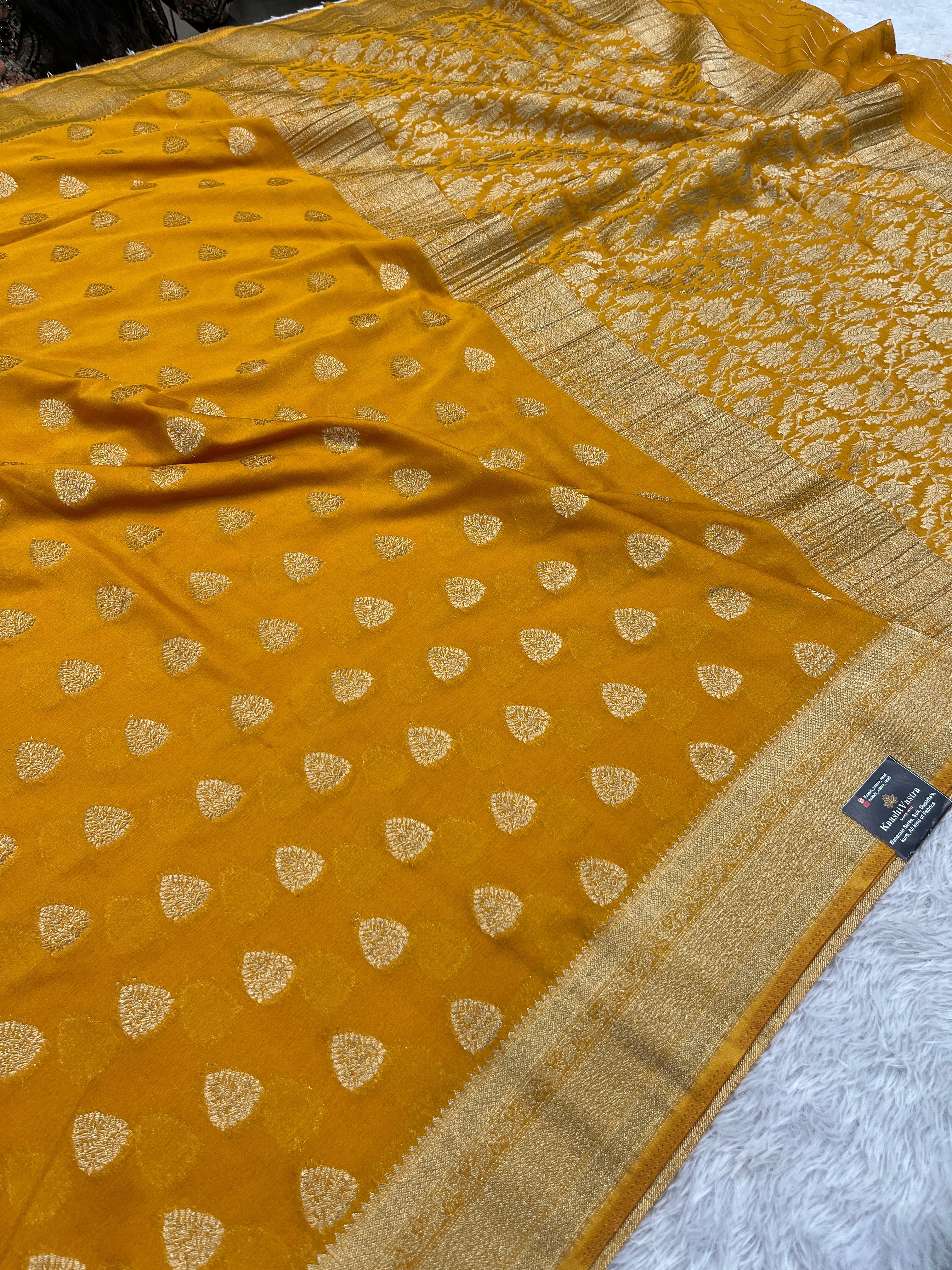 Chinon Silk Buta Zari Mustard Yellow Color Saree CN01