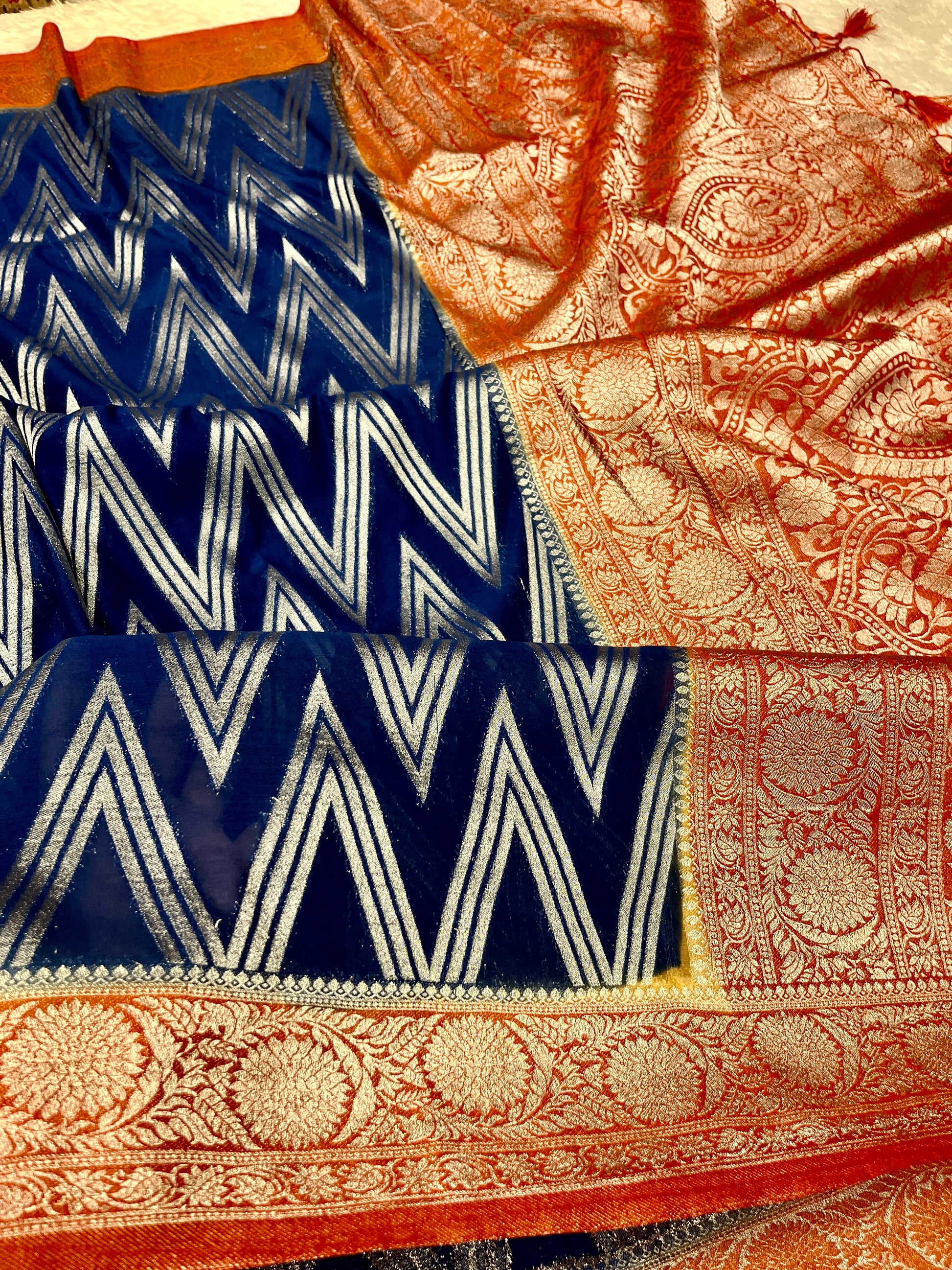 K Chinon Silk Zig Zag Design Navy with Orange Color Saree CN09