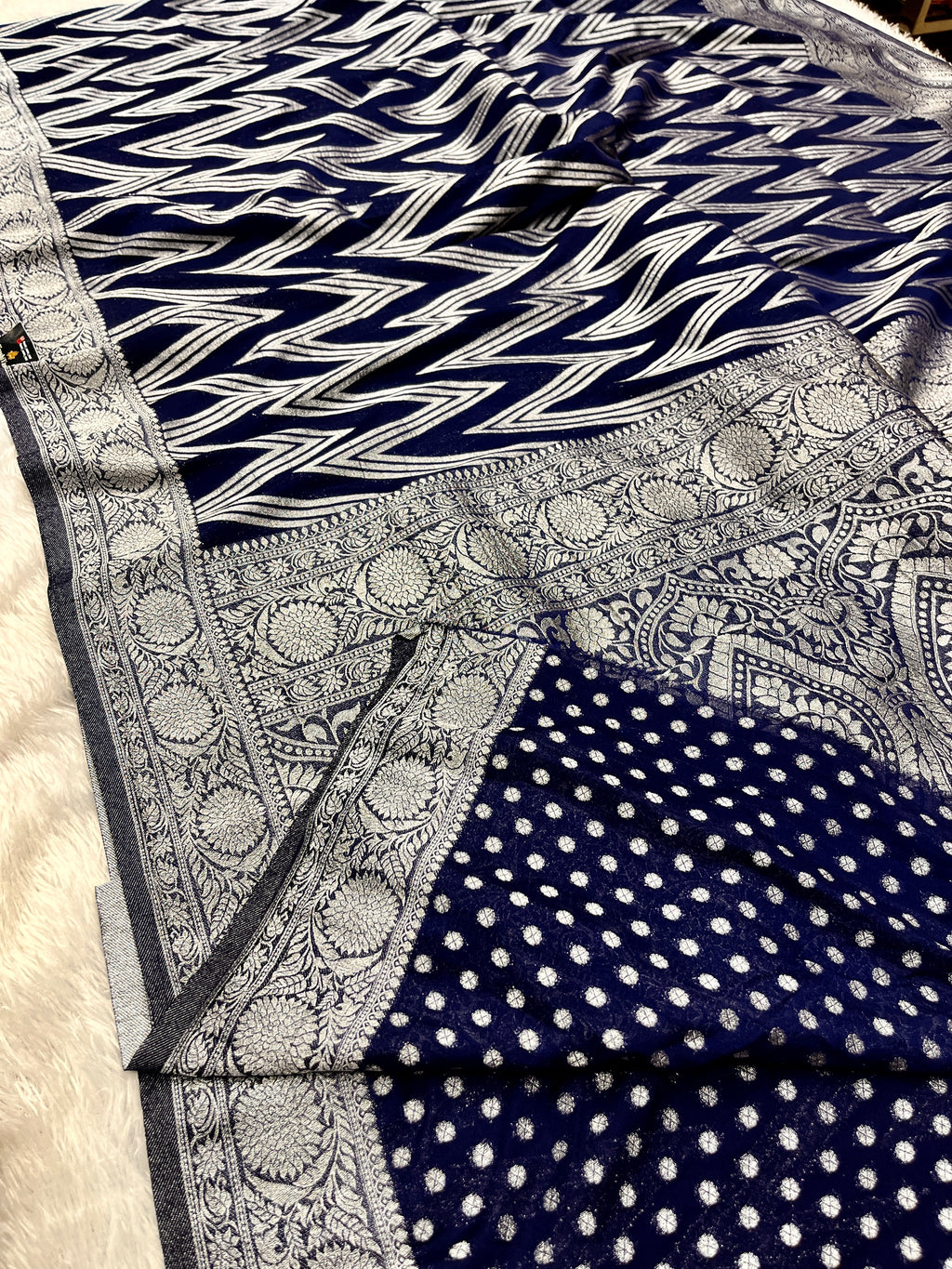 Chinon Silk Zig Zag Design Navy blue Color Saree CN09