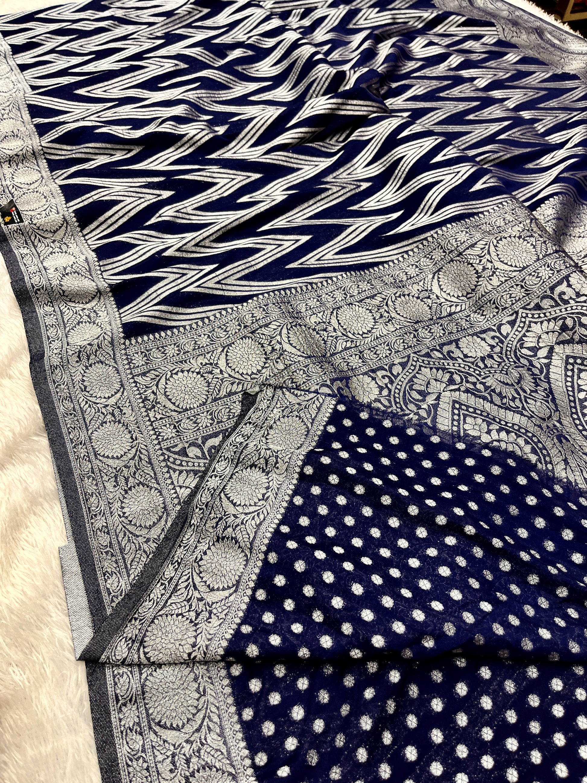 Chinon Silk Zig Zag Design Navy blue Color Saree CN09