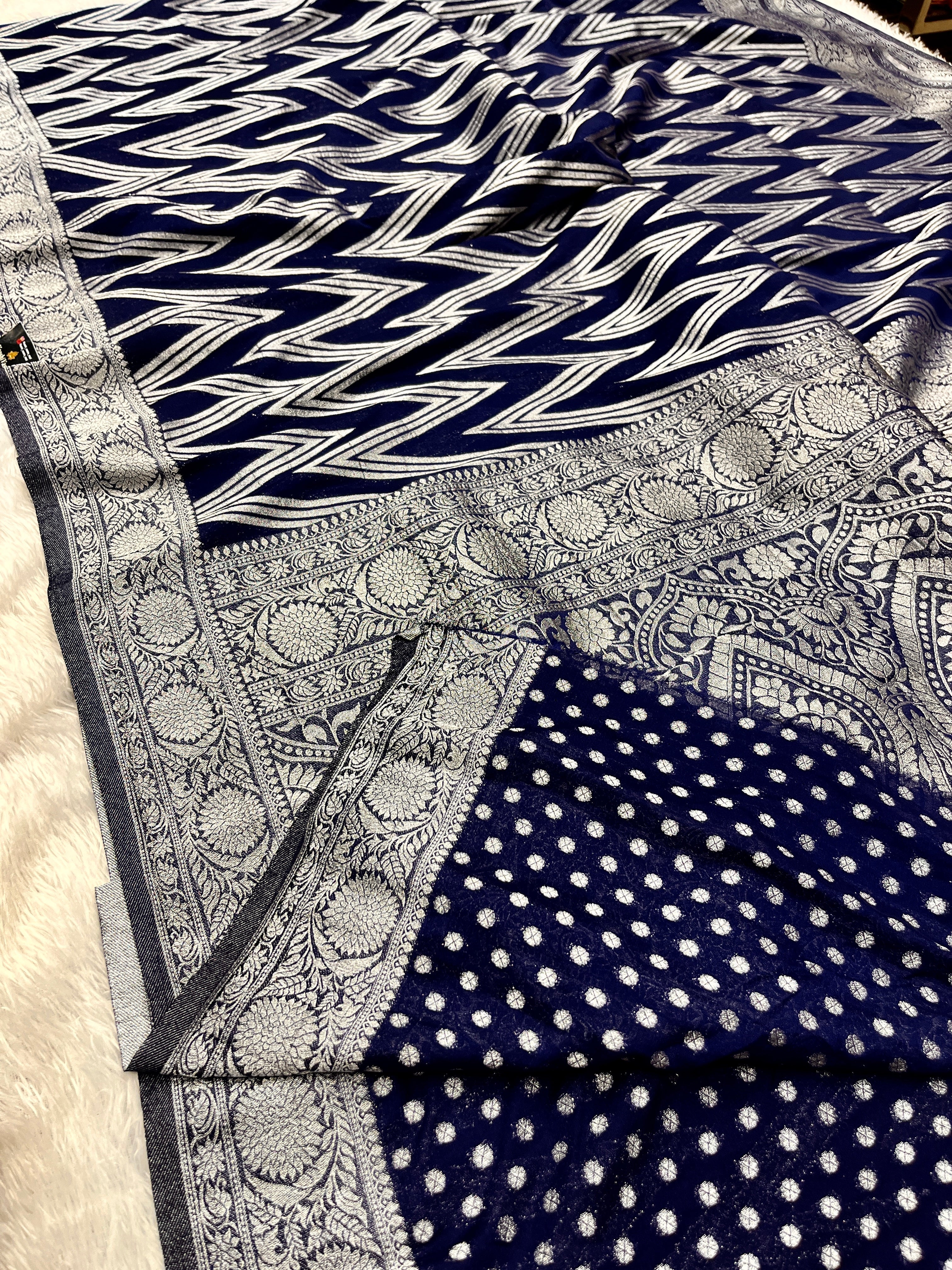 Chinon Silk Zig Zag Design Navy blue Color Saree CN09