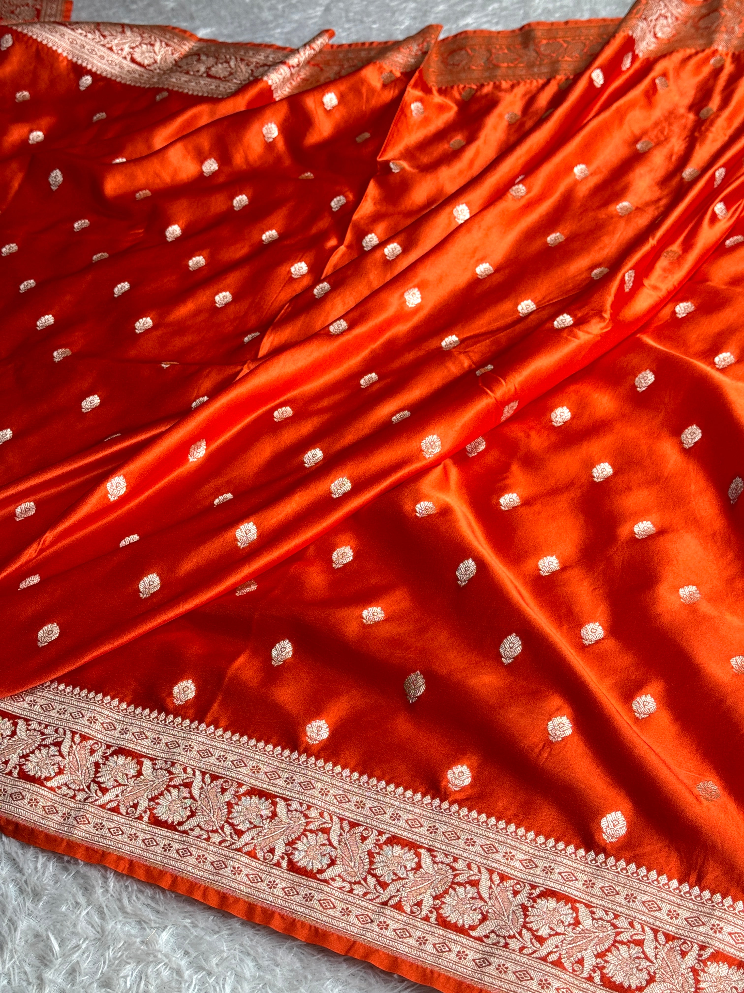 Orange Mashru Kataan Silk Saree with Buta Design & Rich Zari Pallu | MKS642