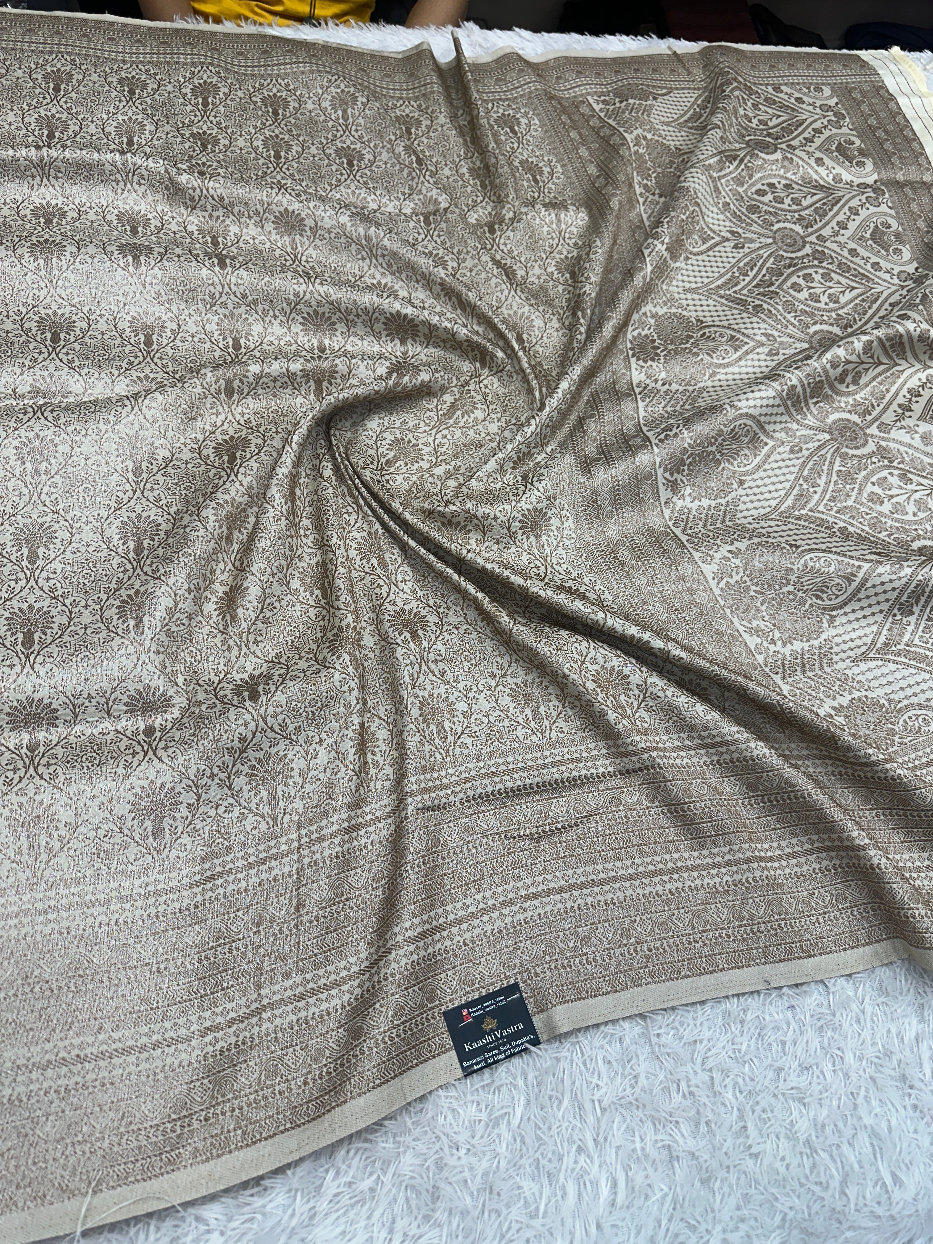 Cream Banarasi Dupion Silk Saree with Embossed Antique Zari Weaving & Rich Antique Zari Pallu | STF80