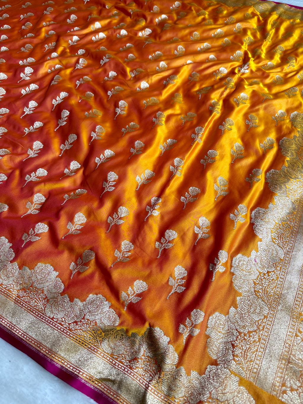 Mustard Banarasi Mashru Silk Saree with Jacquard Woven Flower Buta & Rupa Sona Zari Detailing MKS087