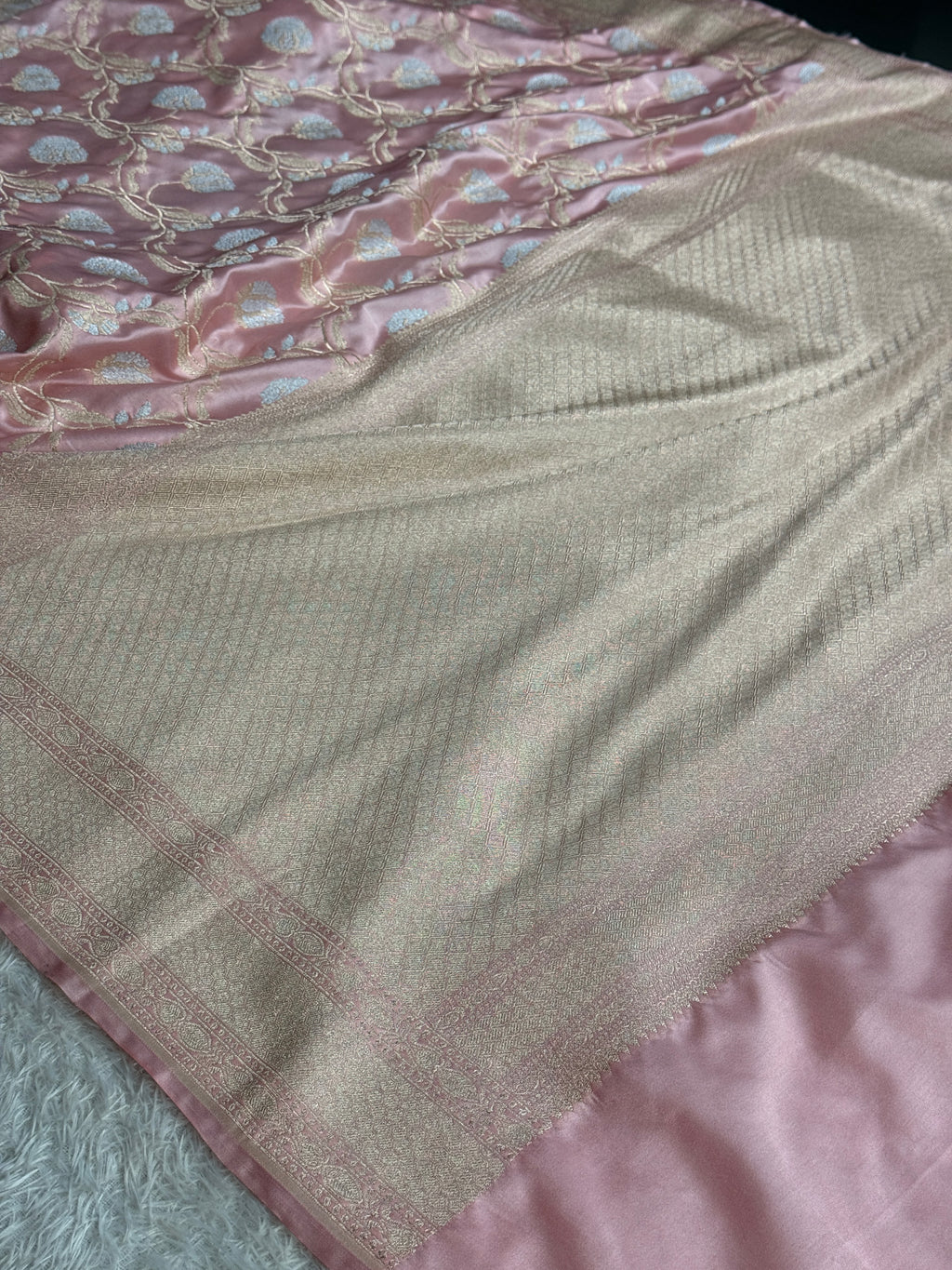 Peach Mashru Kataan Silk Jaal Woven Banarasi Saree with Silver Zari Meena Work – MKS731