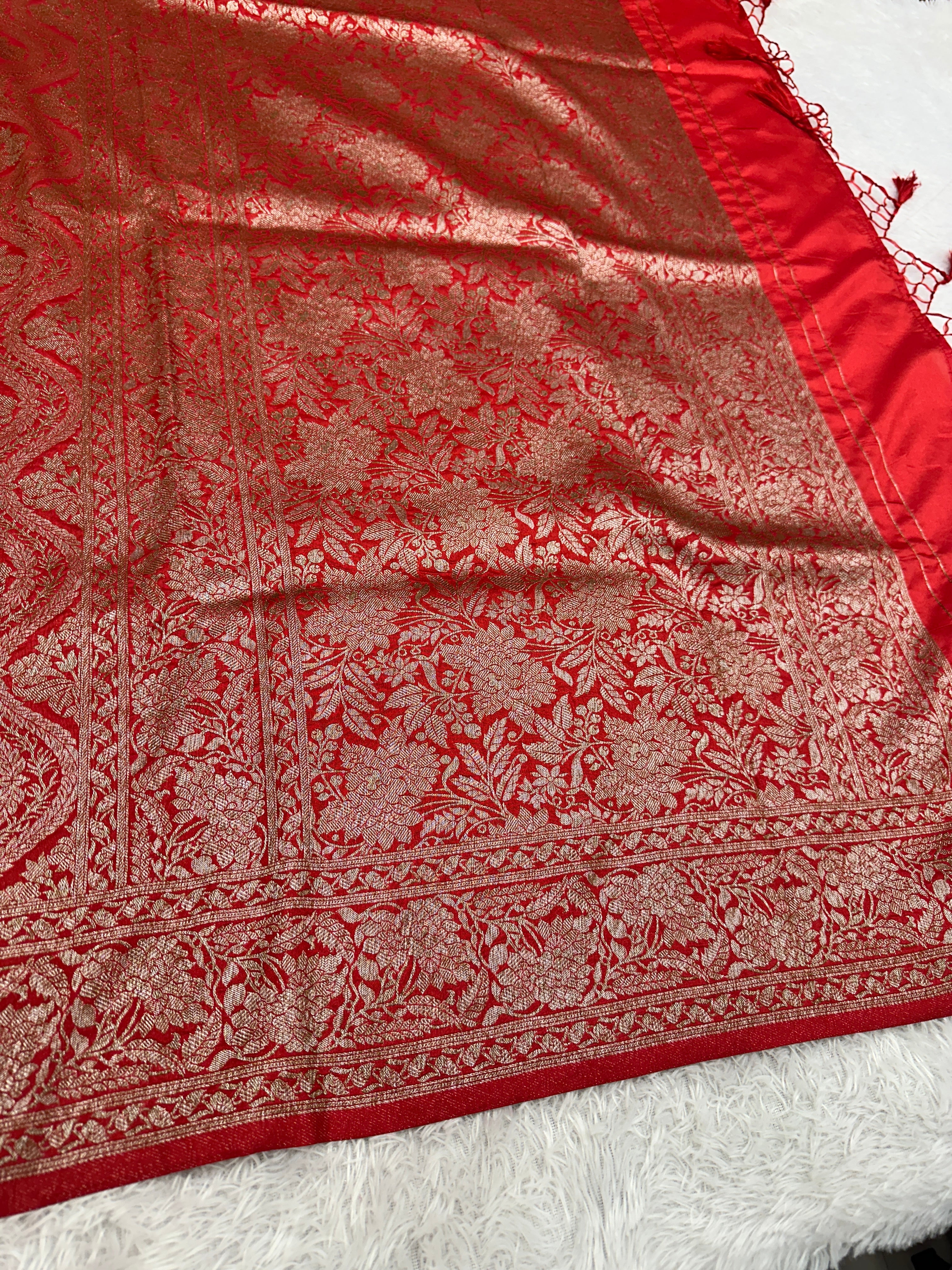 Red Banarasi Dupion Silk Saree with Embossed Antique Zari Weaving & Rich Antique Zari Pallu | STF66