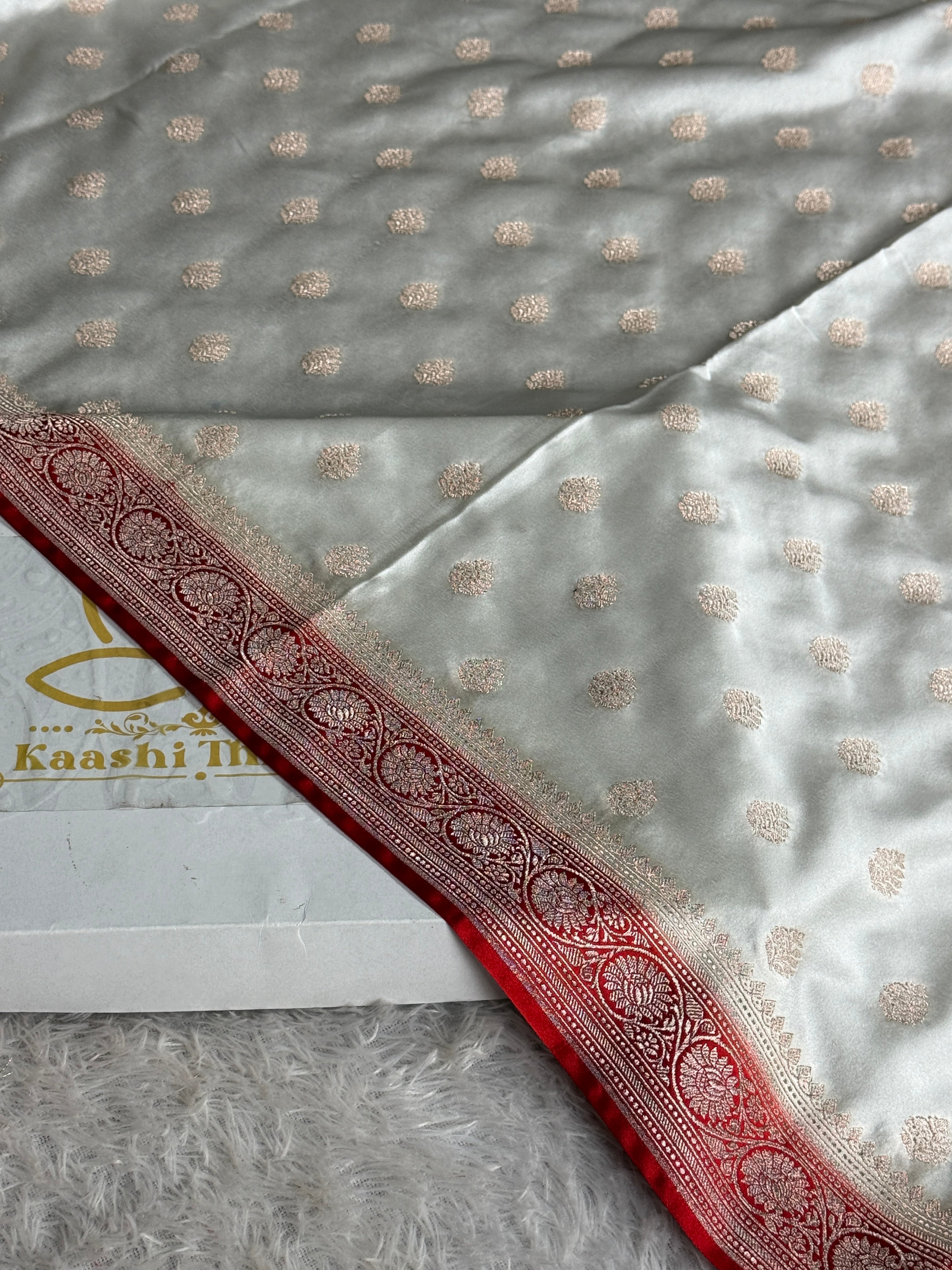 Cream with Red Contrast Mashru Kataan Silk Saree with Buta Weaving & Rich Zari Pallu | MKS644
