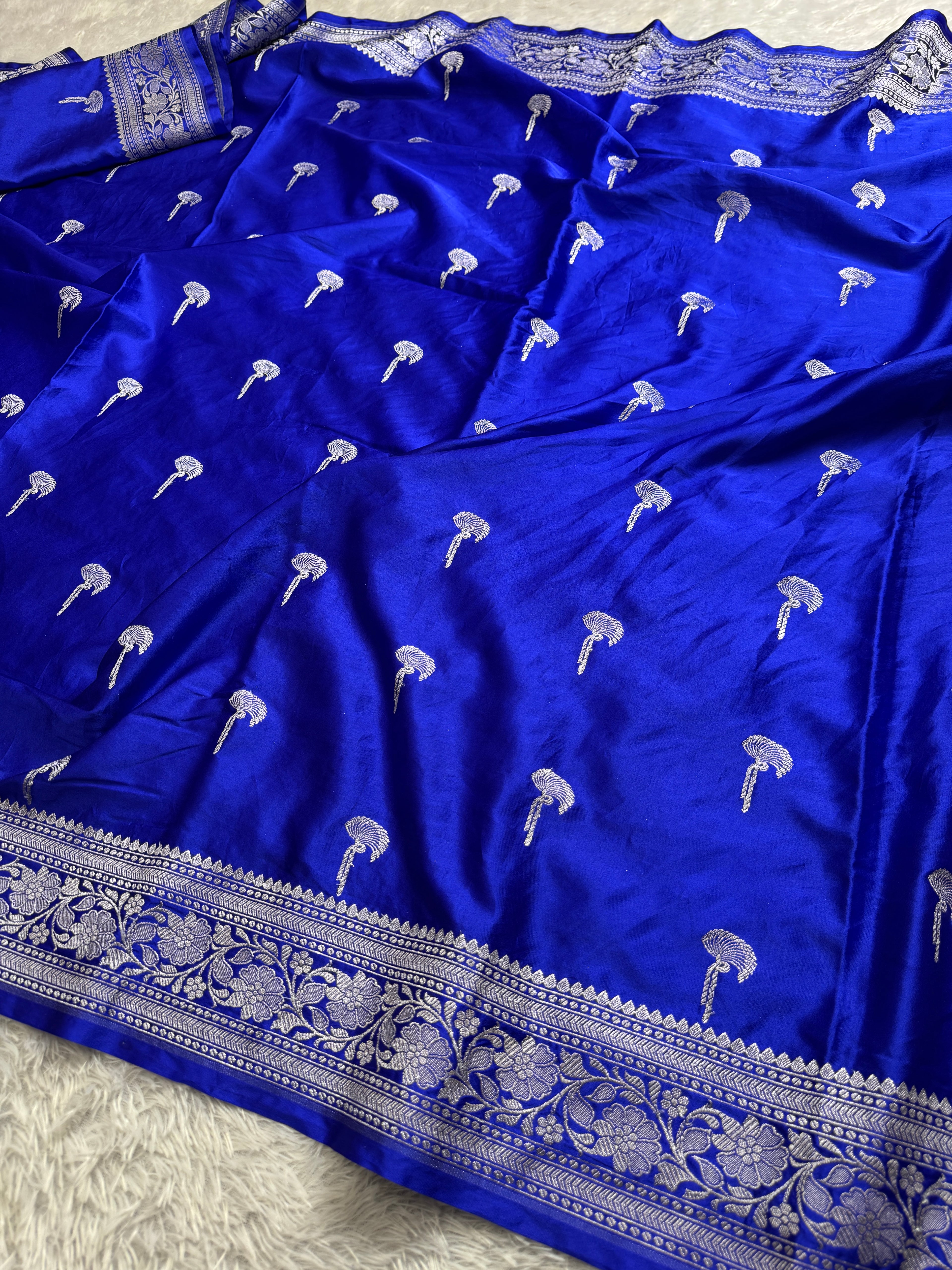 Royal Blue Banarasi Mashru Silk Saree with Jacquard Woven Floral Buta Design MKS097