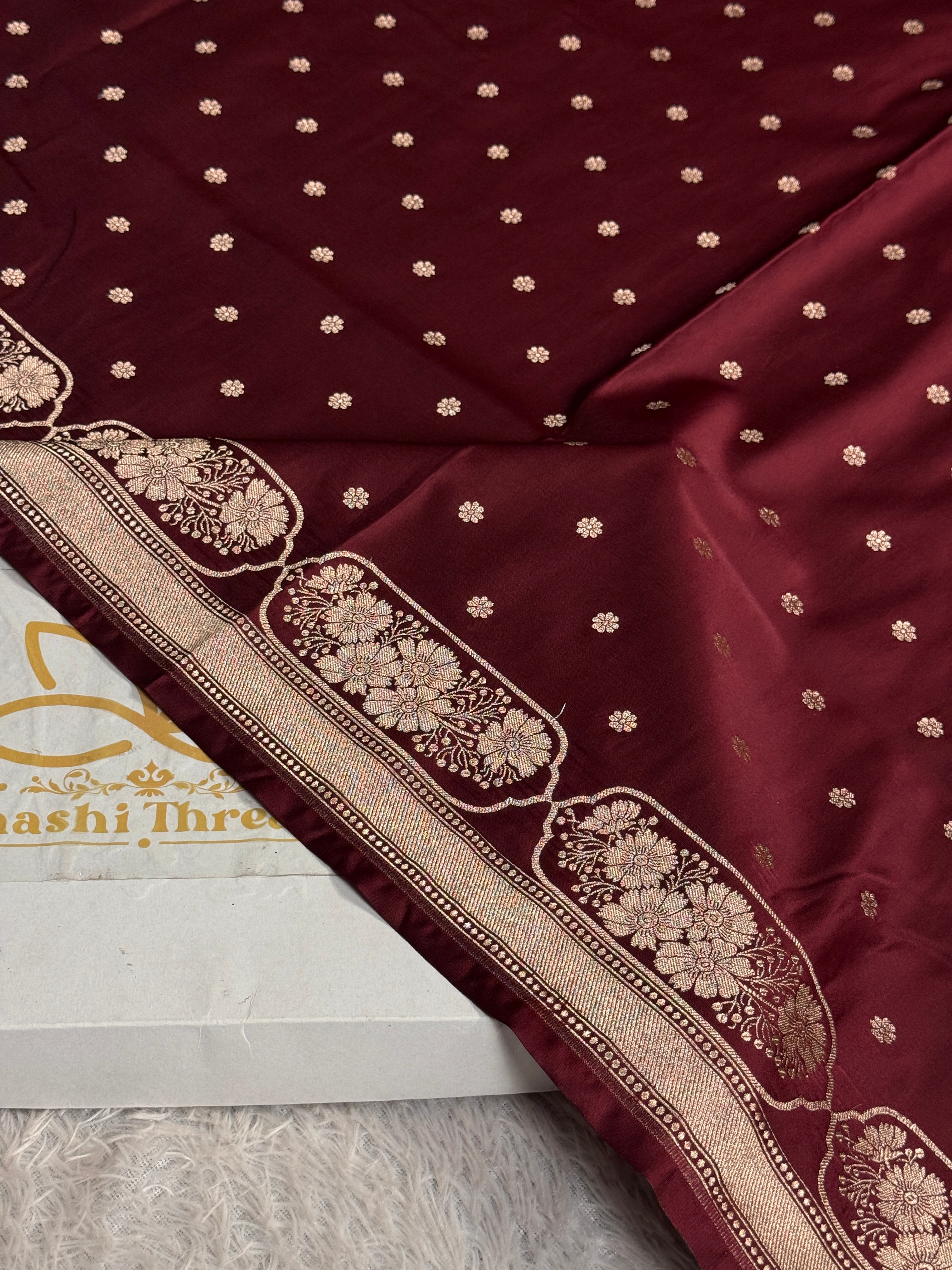 Royal Wine Mashru Kataan Silk Saree with Silver Zari Meenakari Jaal Weaving | MKS684