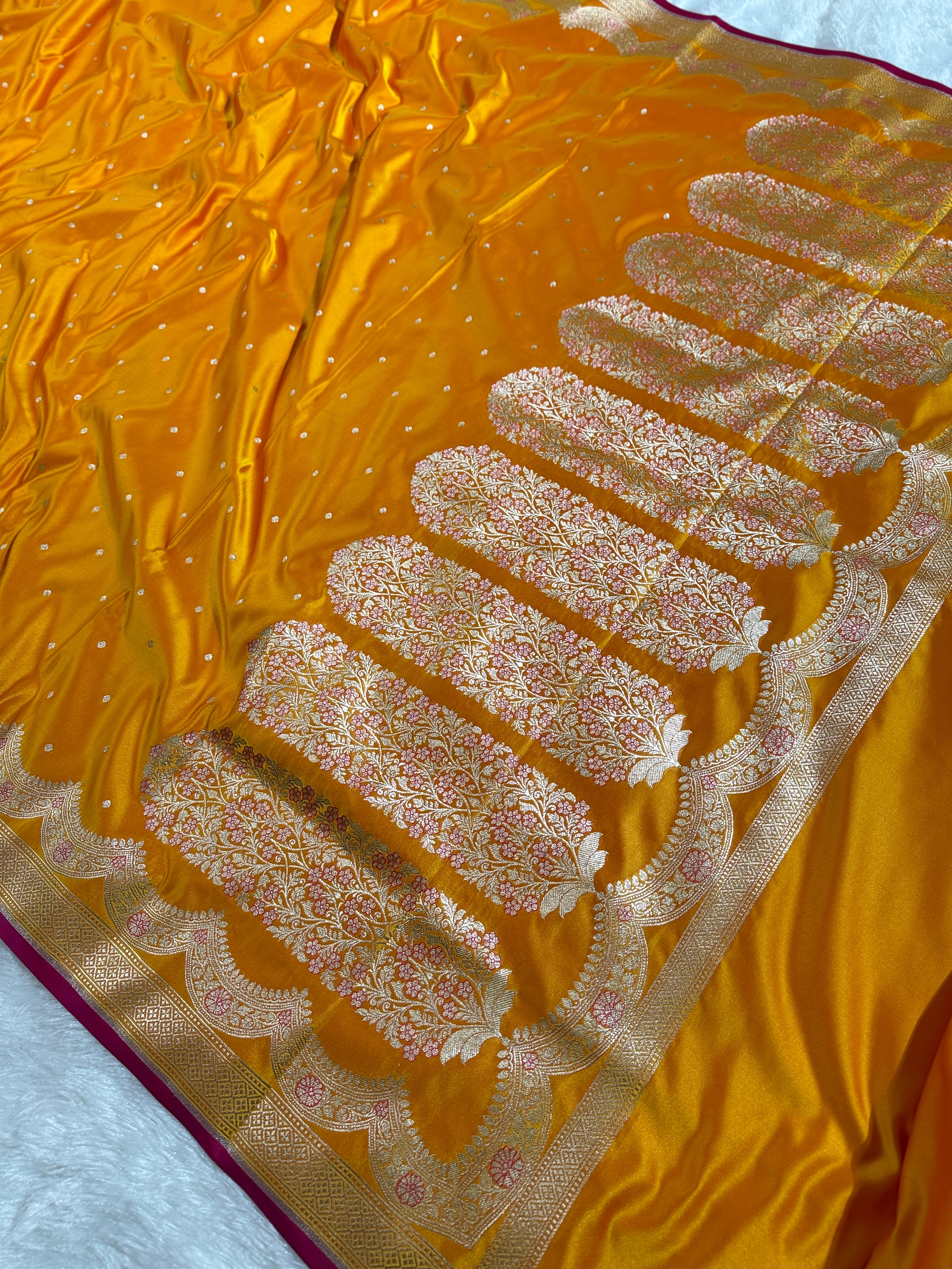 Yellow Banarasi Mashru Silk Saree with Dot Buti Weaving & Fancy Jacquard Border MKS104