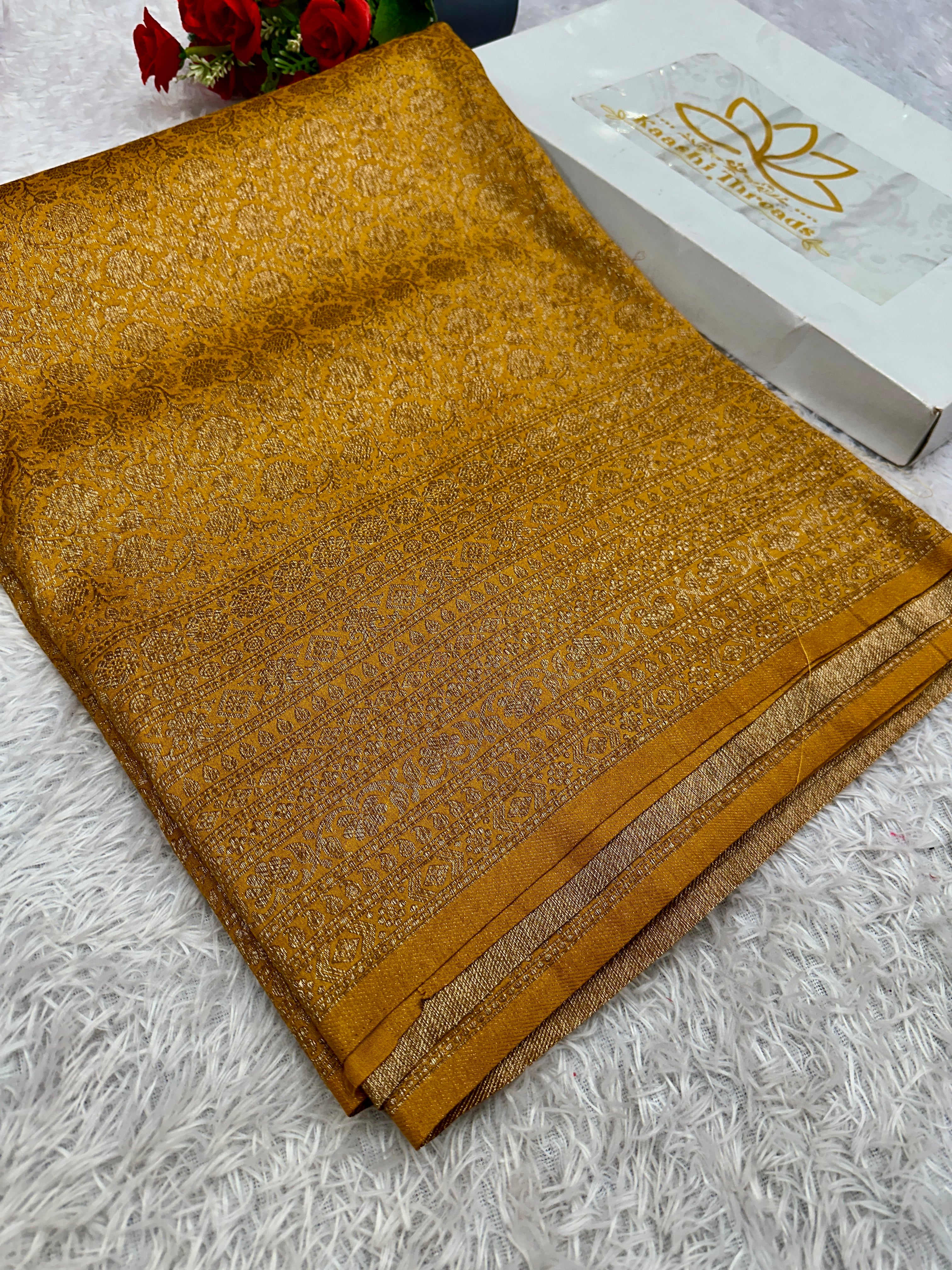 Mustard Yellow Banarasi Dupion Silk Saree with Embossed Antique Zari Weaving & Rich Antique Zari Pallu | STF61