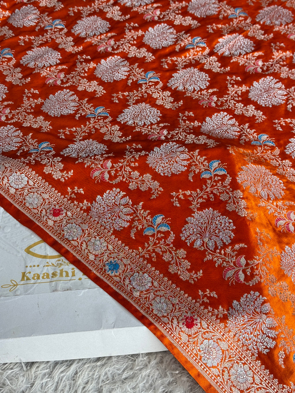 Rusty Orange Mashru Kataan Silk Banarasi Saree with Meenakari Zari Jaal Design | MKS745