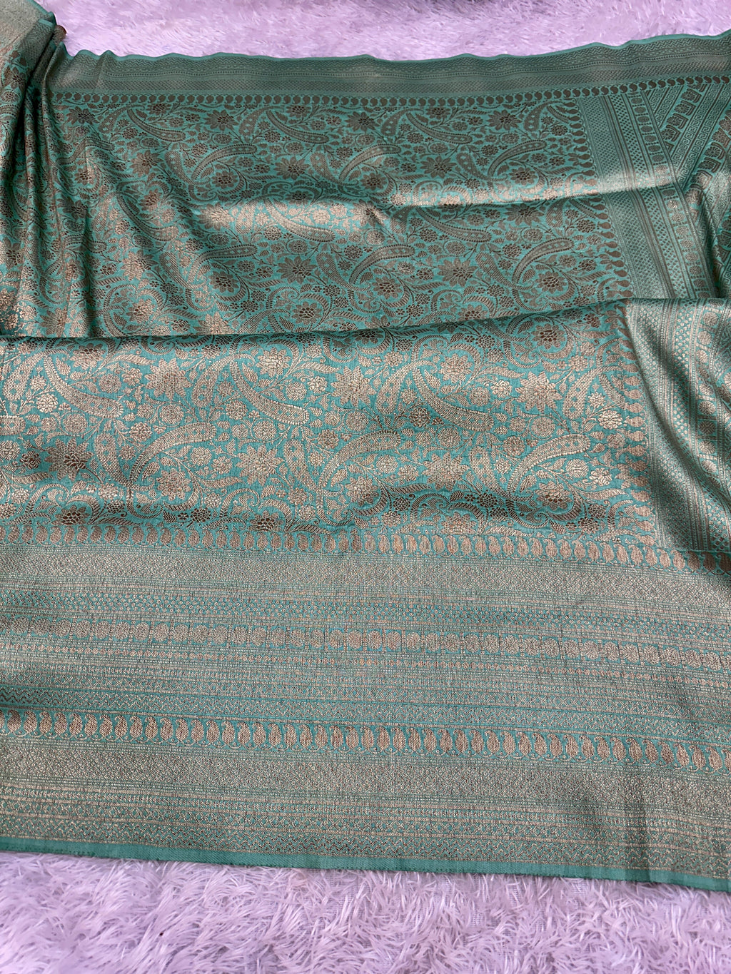 Sea Green Banarasi Dupion Silk Saree with Embossed Antique Zari Weaving & Rich Antique Zari Pallu | STF60