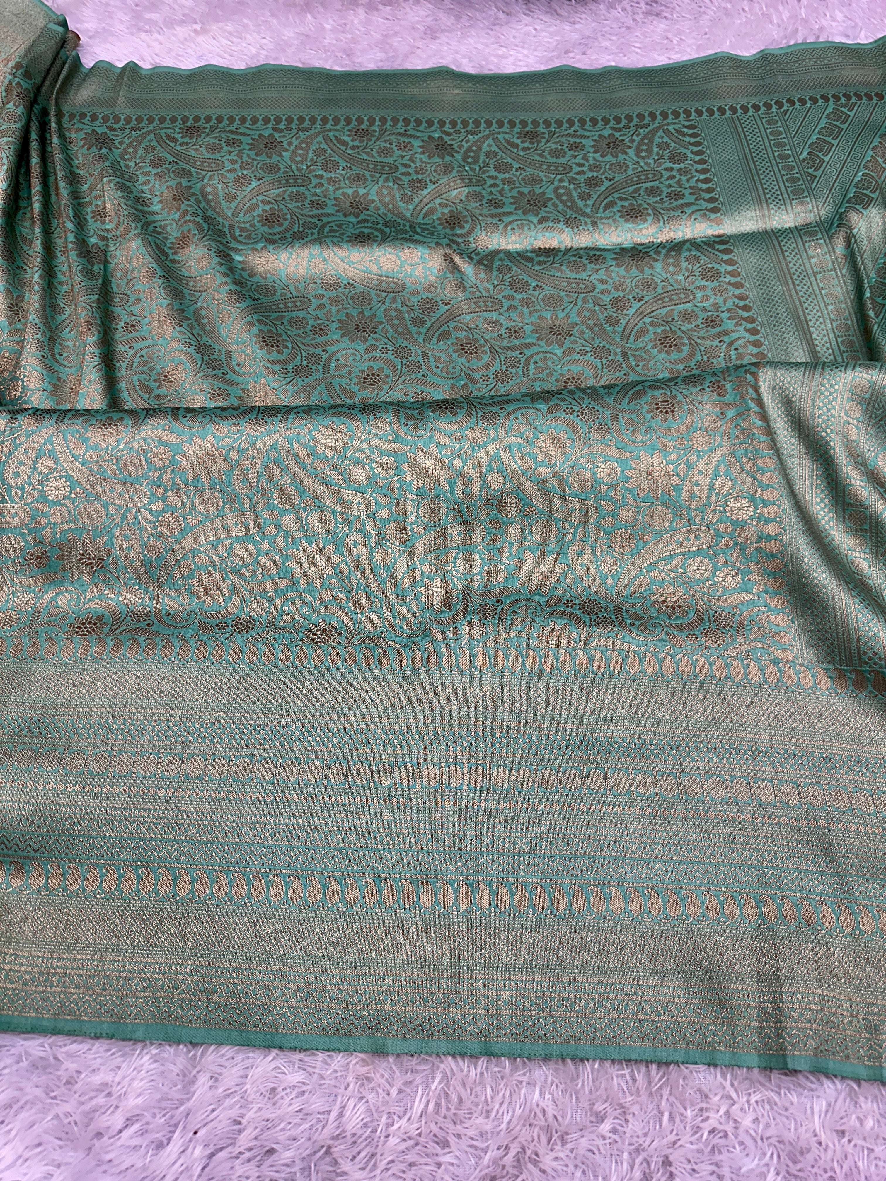 Sea Green Banarasi Dupion Silk Saree with Embossed Antique Zari Weaving & Rich Antique Zari Pallu | STF60