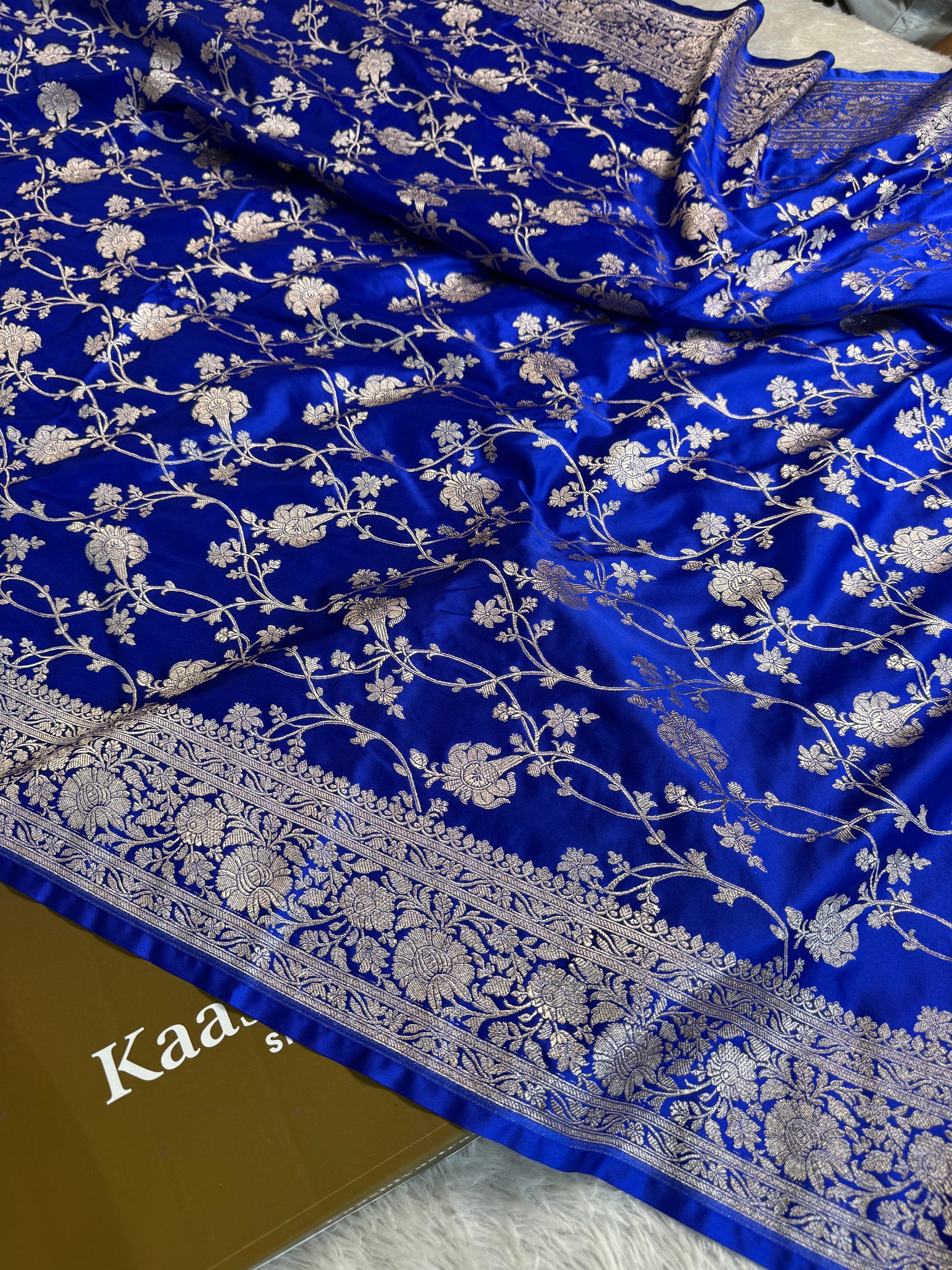 Royal Blue Banarasi Mashru kataan  Silk Saree with Intricate Jaal Weaving   MKS083