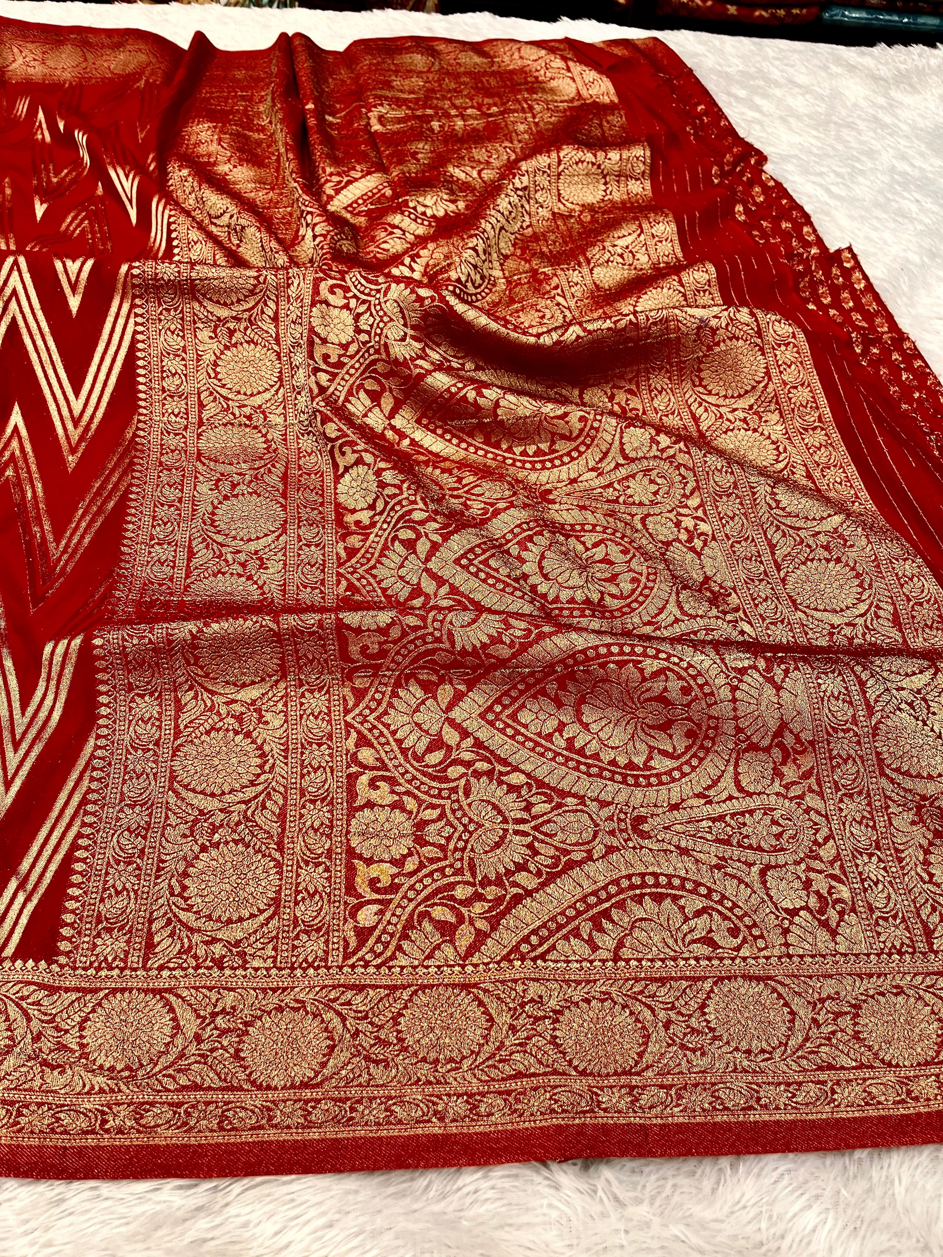 Chinon Silk Zig Zag Design Red Color Saree CN09