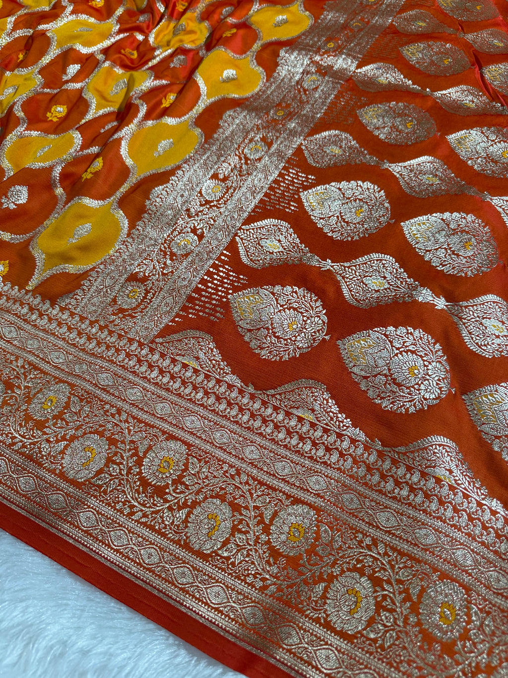 Yellow and Orange Rangkaat Banarasi Mashru Silk Saree with Jacquard Woven Jaal Pattern MKS033