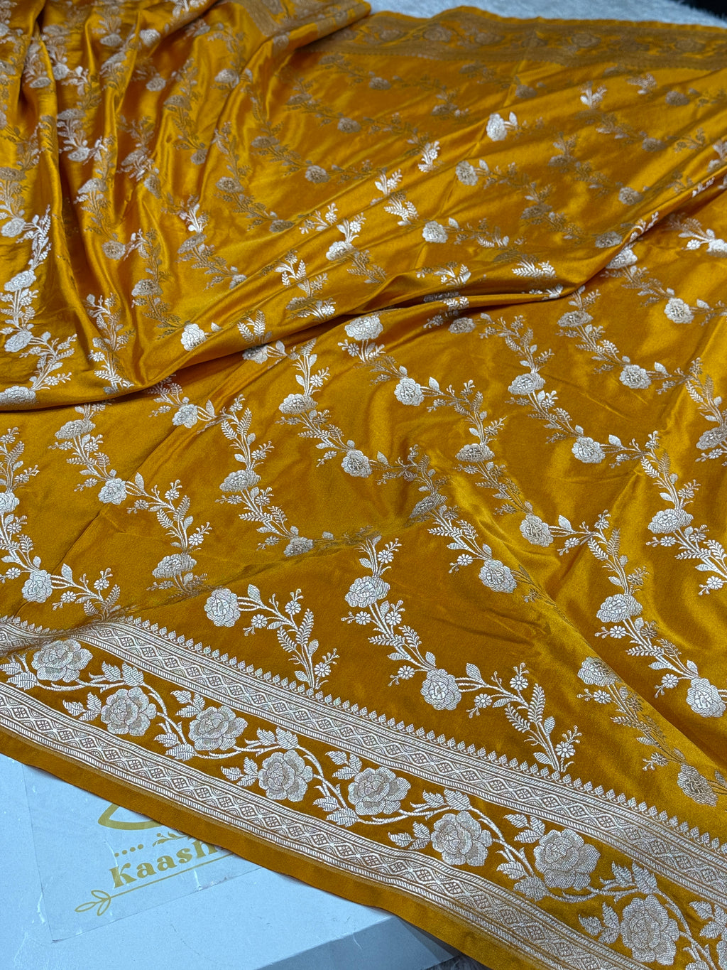 Mustard Banarasi Mashru Silk Saree with Jacquard Woven Jaal Design MKS145