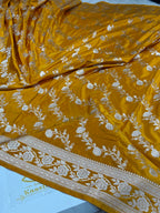 Mustard Banarasi Mashru Silk Saree with Jacquard Woven Jaal Design MKS145