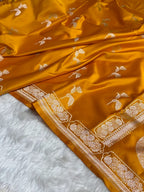 Banarasi Mashru Kataan Silk Saree Featuring Flower Buta Design with Ikkat Border and Zari Pallu – MKS409